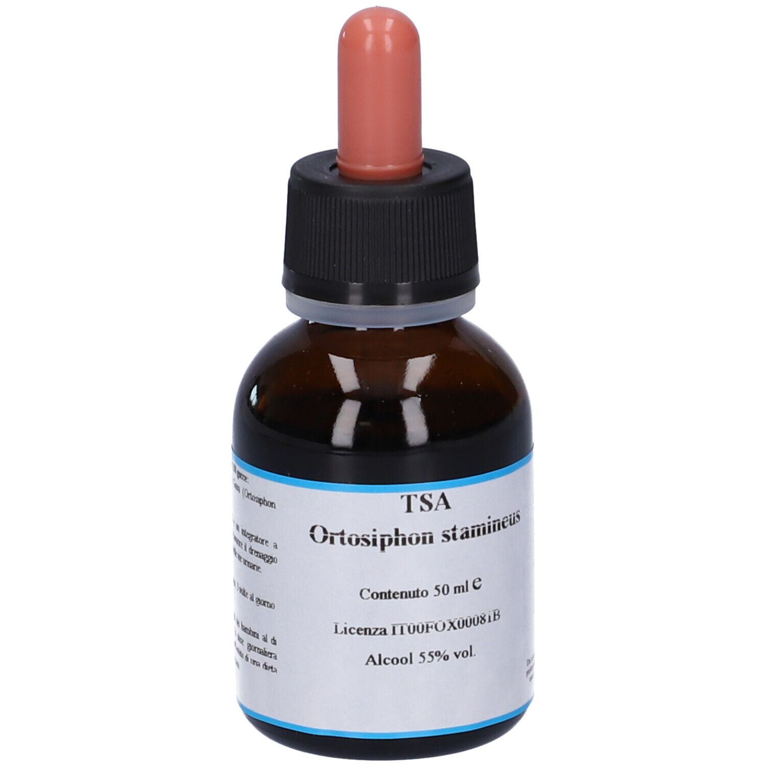 Flacone di vetro marrone con tappo nero e contagocce. Etichetta con testo: TSA, Orthosiphon stamineus, alcool 55% vol.