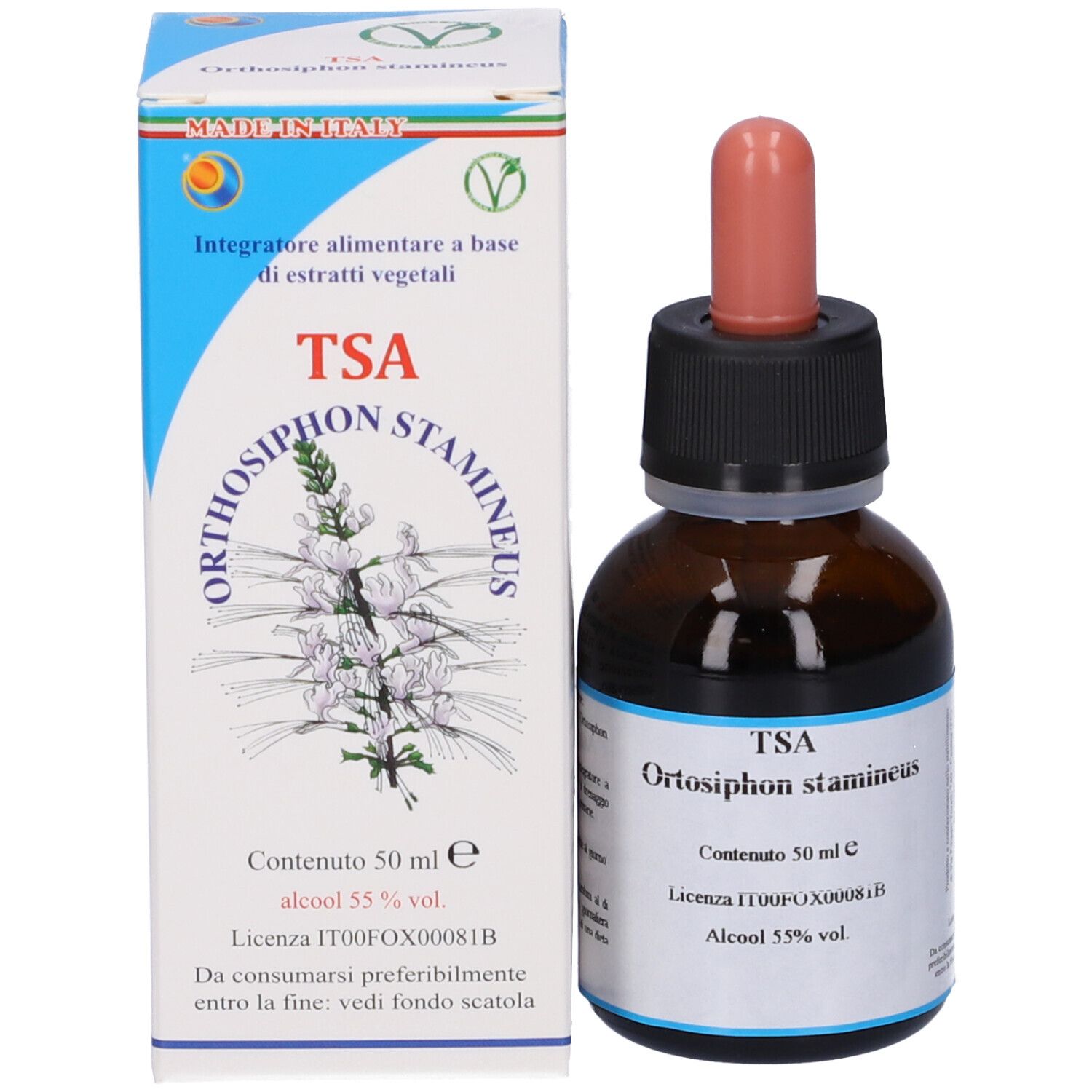 Flacone di vetro marrone con tappo nero e contagocce, accanto a una scatola bianca. Sulla scatola: TSA, Orthosiphon stamineus.
