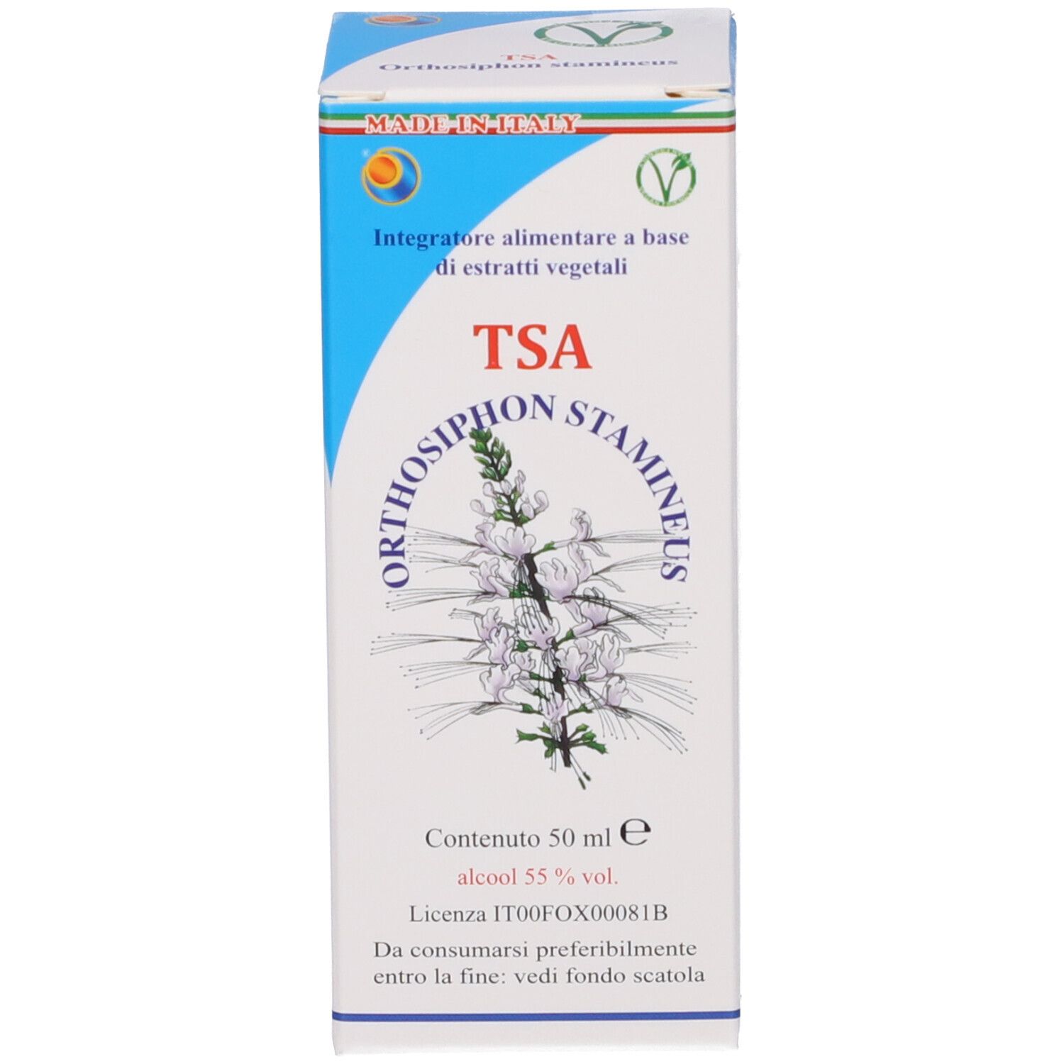 Scatola bianca con design blu e verde. Sulla scatola: TSA, Orthosiphon stamineus, e un'immagine di una pianta.