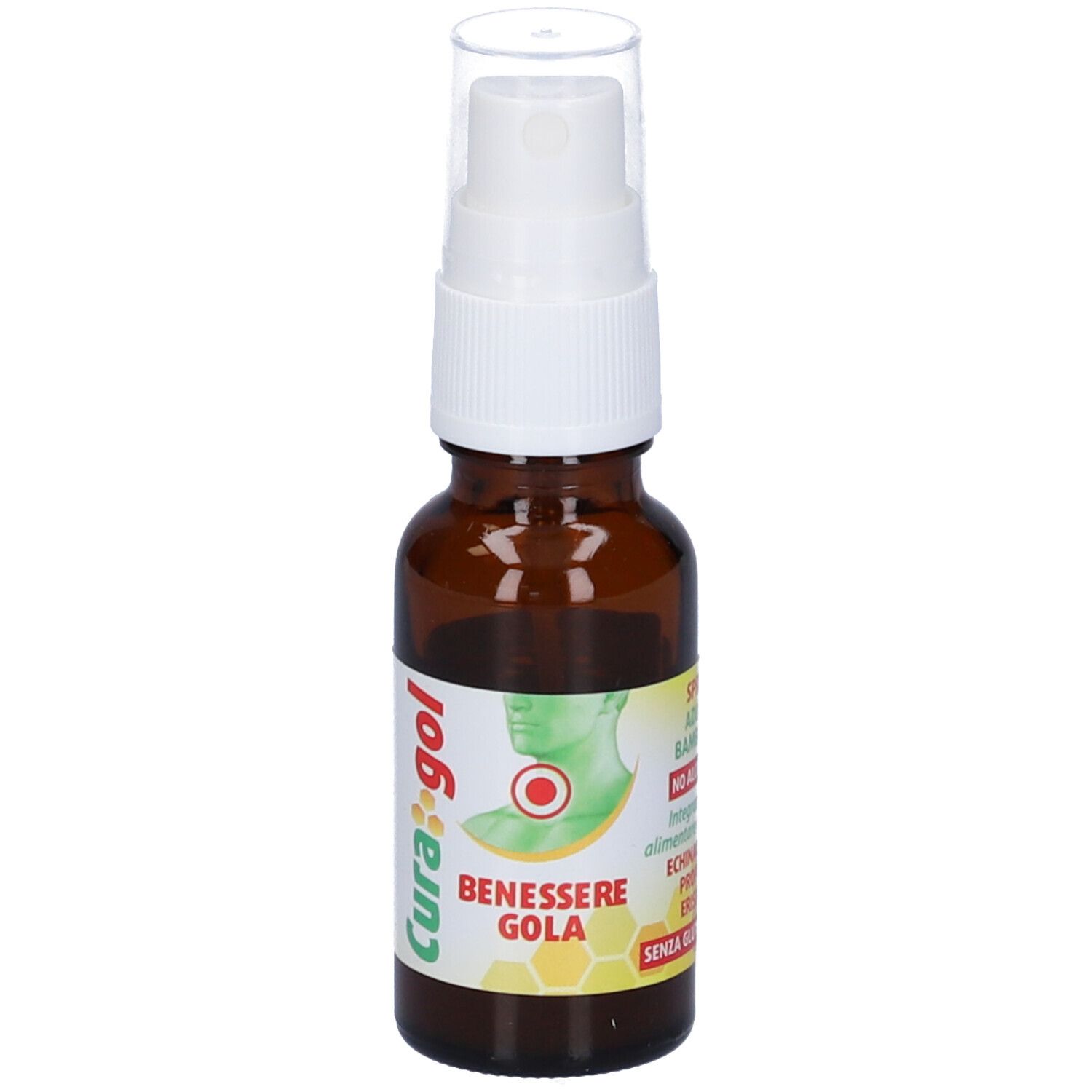 Flacone spray marrone. Scritto: Curagol, Benessere Gola. Immagine gola. Senza alcool.