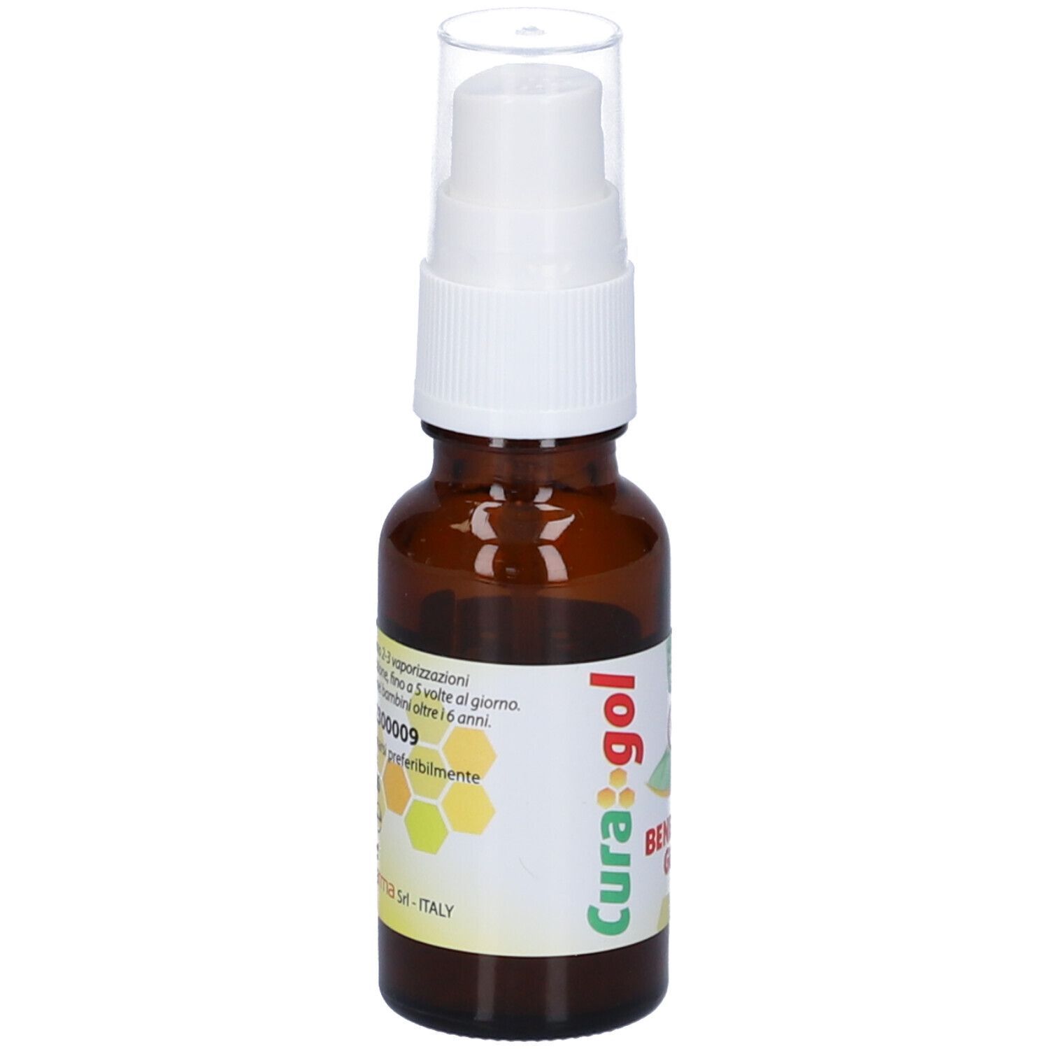 Flacone spray marrone. Scritto: Curagol, Benessere Gola. Senza alcool. Con informazioni.