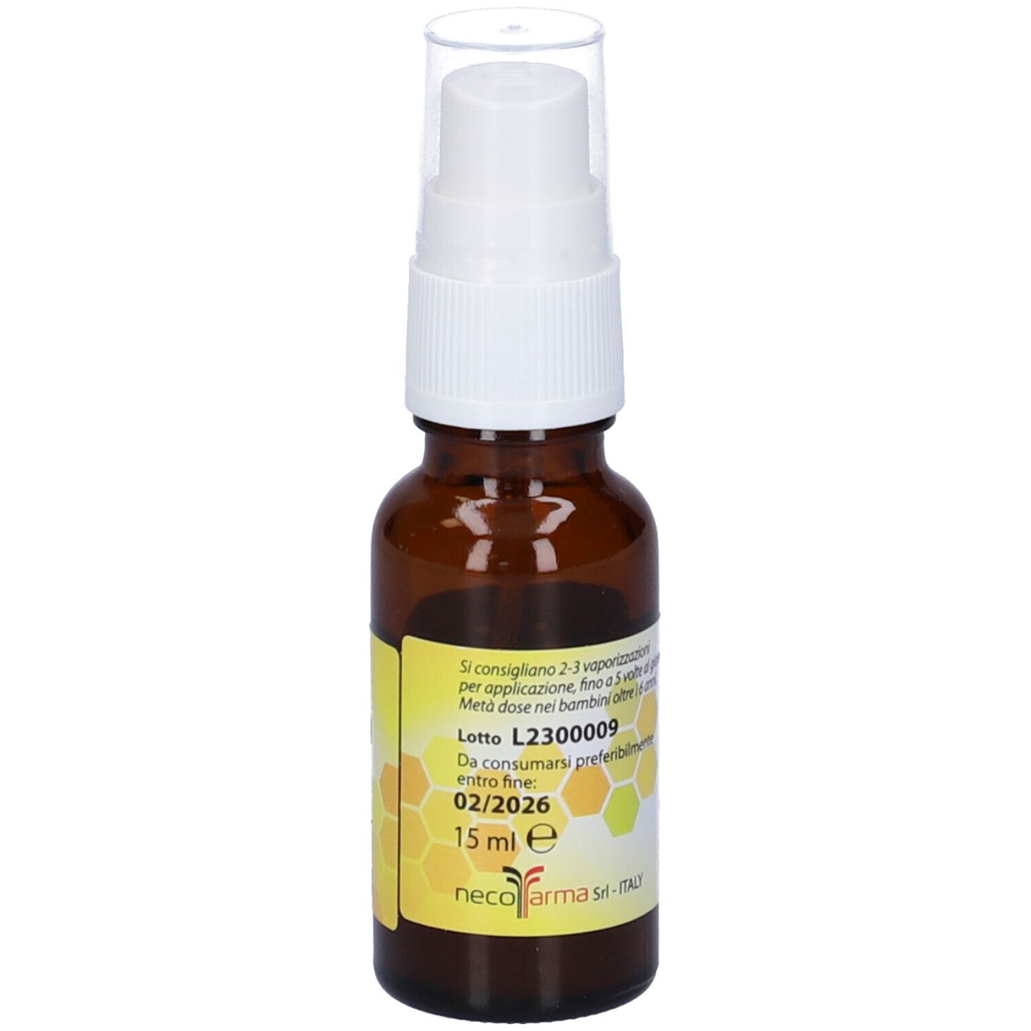 Flacone spray marrone. Scritto: Curagol, Benessere Gola. Con scadenza 02/2026.