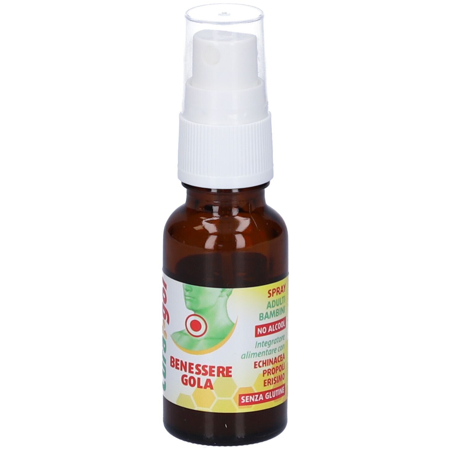 Flacone spray marrone. Scritto: Curagol, Benessere Gola. Immagine gola. Senza glutine.