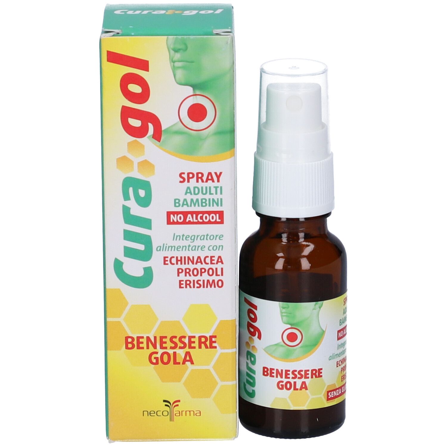 Flacone spray marrone con scatola. Scritto: Curagol, Spray adulti e bambini. Senza alcool.