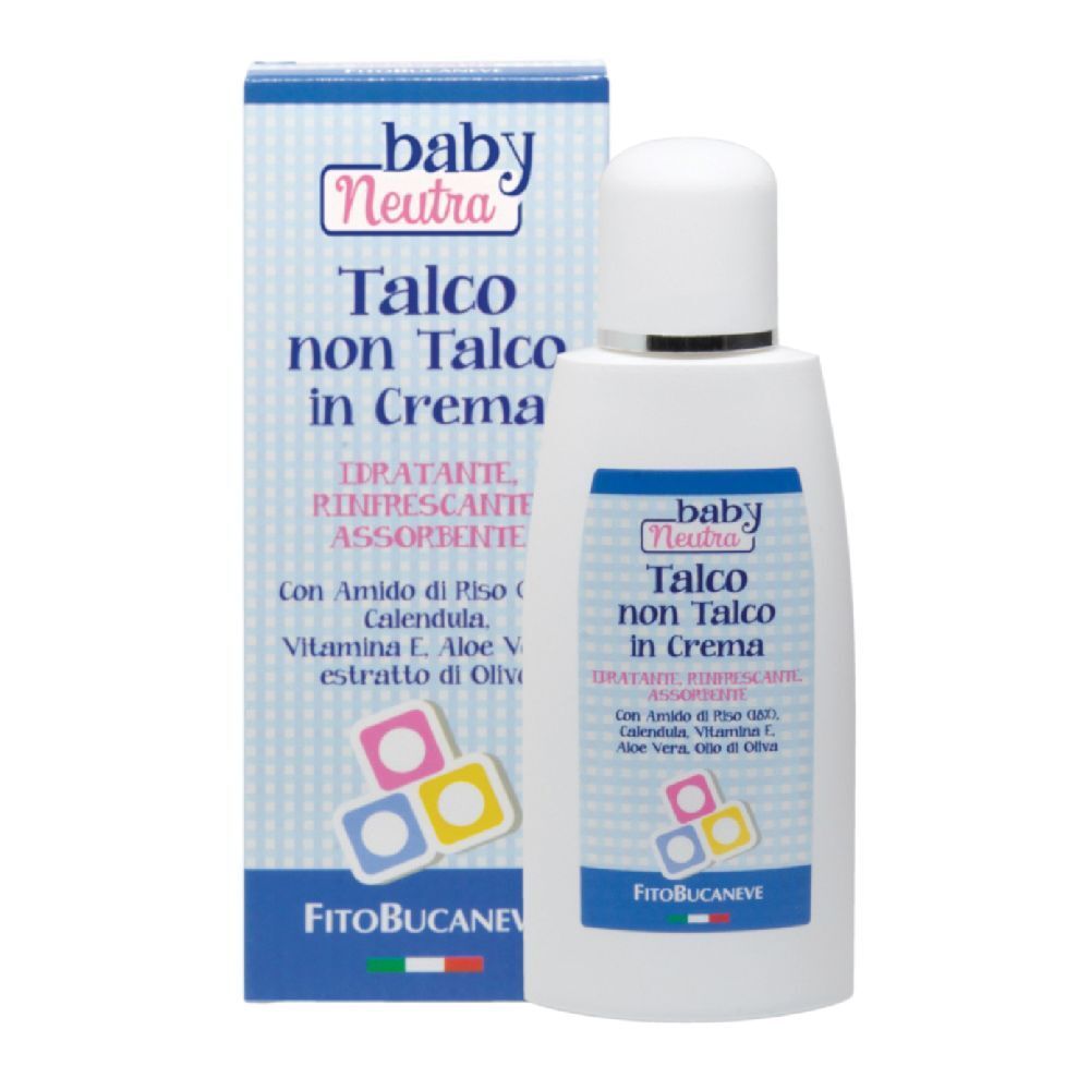 Flacone bianco con tappo bianco e scritte blu. Accanto, una scatola con design simile. Scritta: Talco non Talco in Crema.
