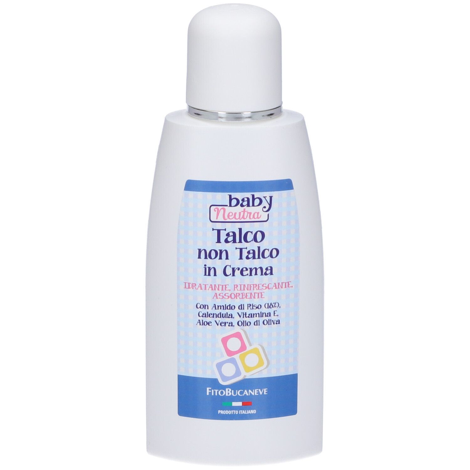 Flacone bianco con tappo bianco e scritte blu. Scritta: Talco non Talco in Crema. Con ingredienti come amido di riso, Calendula, vitamina E.