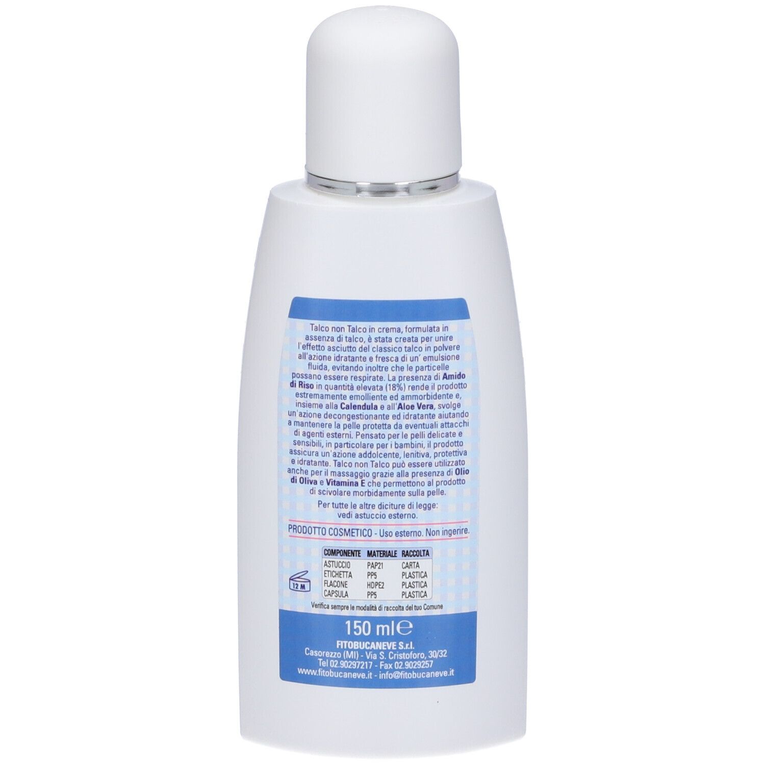 Retro di un flacone bianco con scritte blu. Testo: Talco non Talco in Crema. Ingredienti, istruzioni per l'uso e informazioni del produttore.