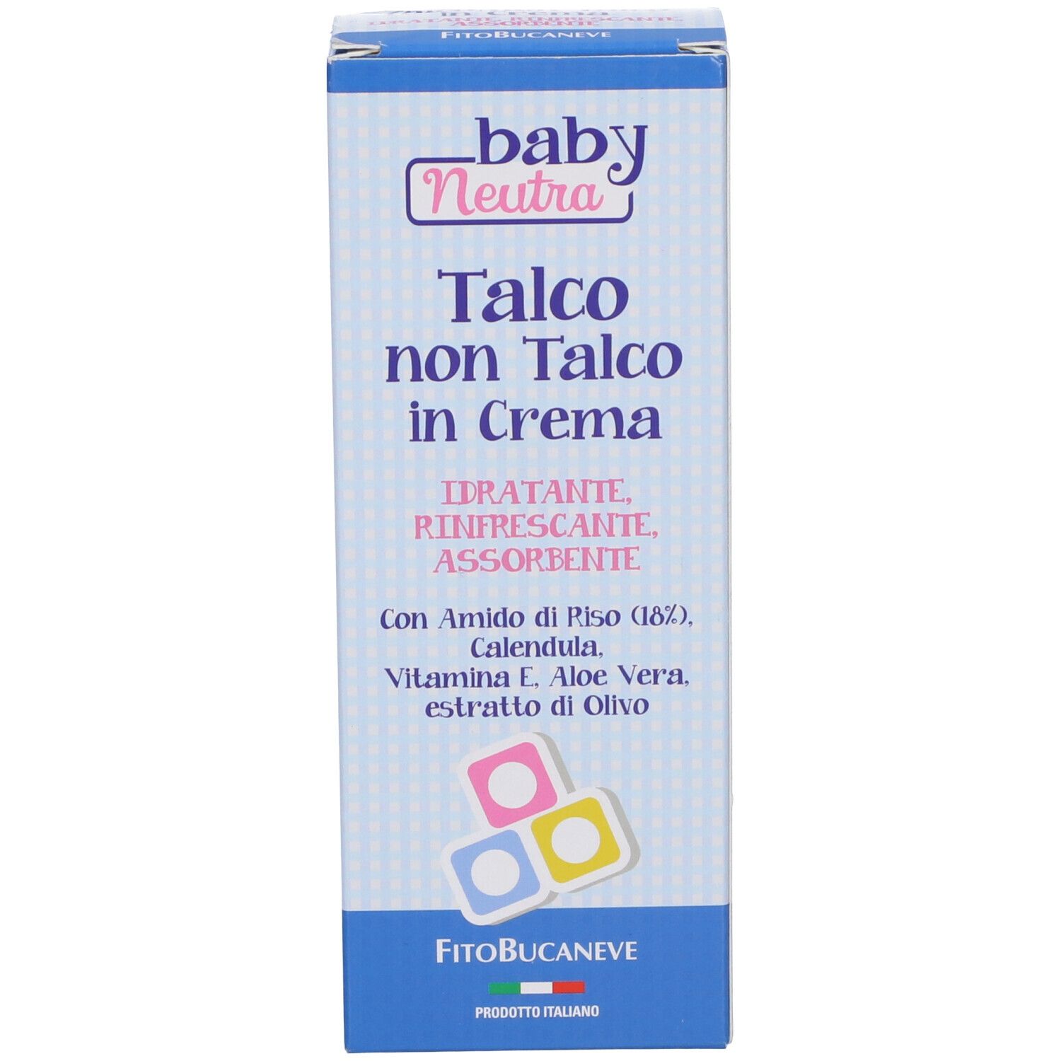 Scatola blu con scritte bianche. Scritta: Talco non Talco in Crema. Con ingredienti come amido di riso, Calendula, vitamina E.