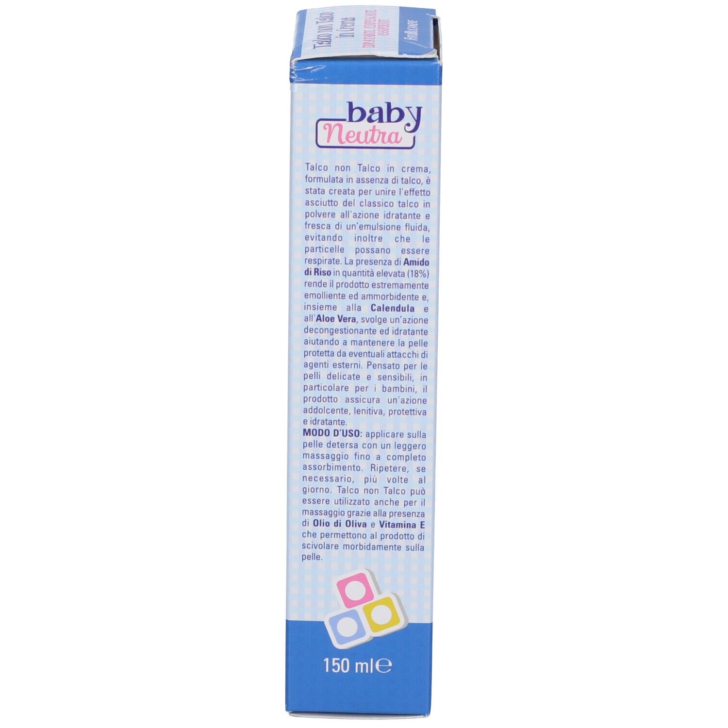 Retro di una scatola blu con scritte bianche. Testo: Talco non Talco in Crema. Ingredienti, istruzioni per l'uso e informazioni del produttore.