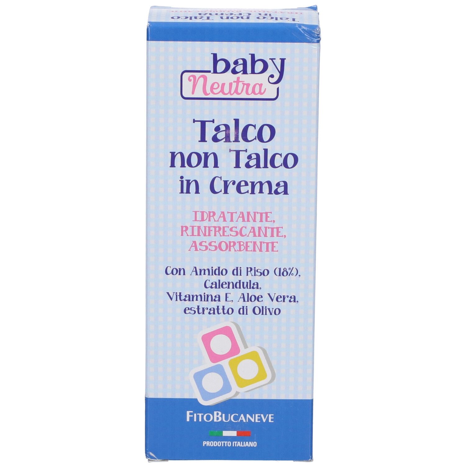 Scatola blu con scritte bianche. Scritta: Talco non Talco in Crema. Con ingredienti come amido di riso, Calendula, vitamina E.