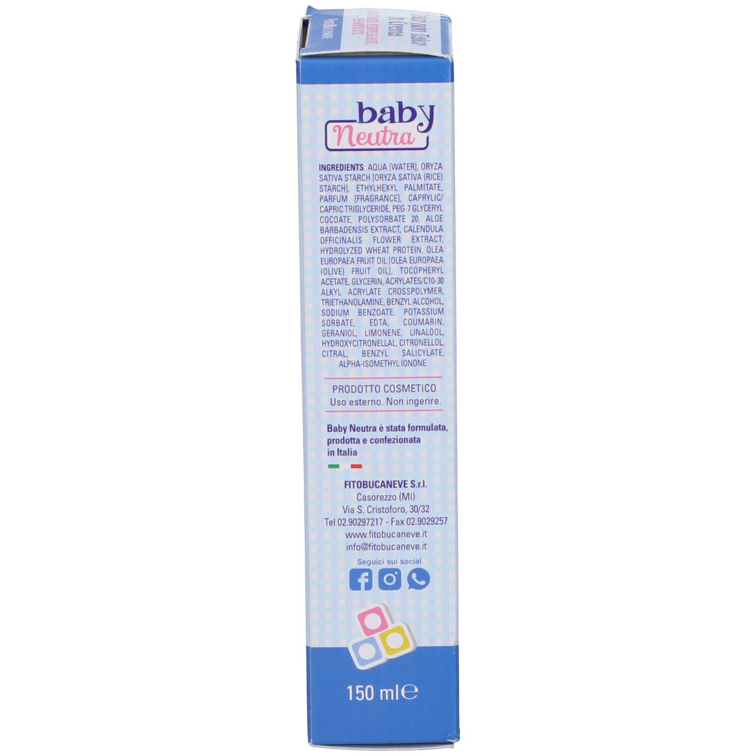 Retro di una scatola blu con scritte bianche. Ingredienti, informazioni del produttore e contatti.