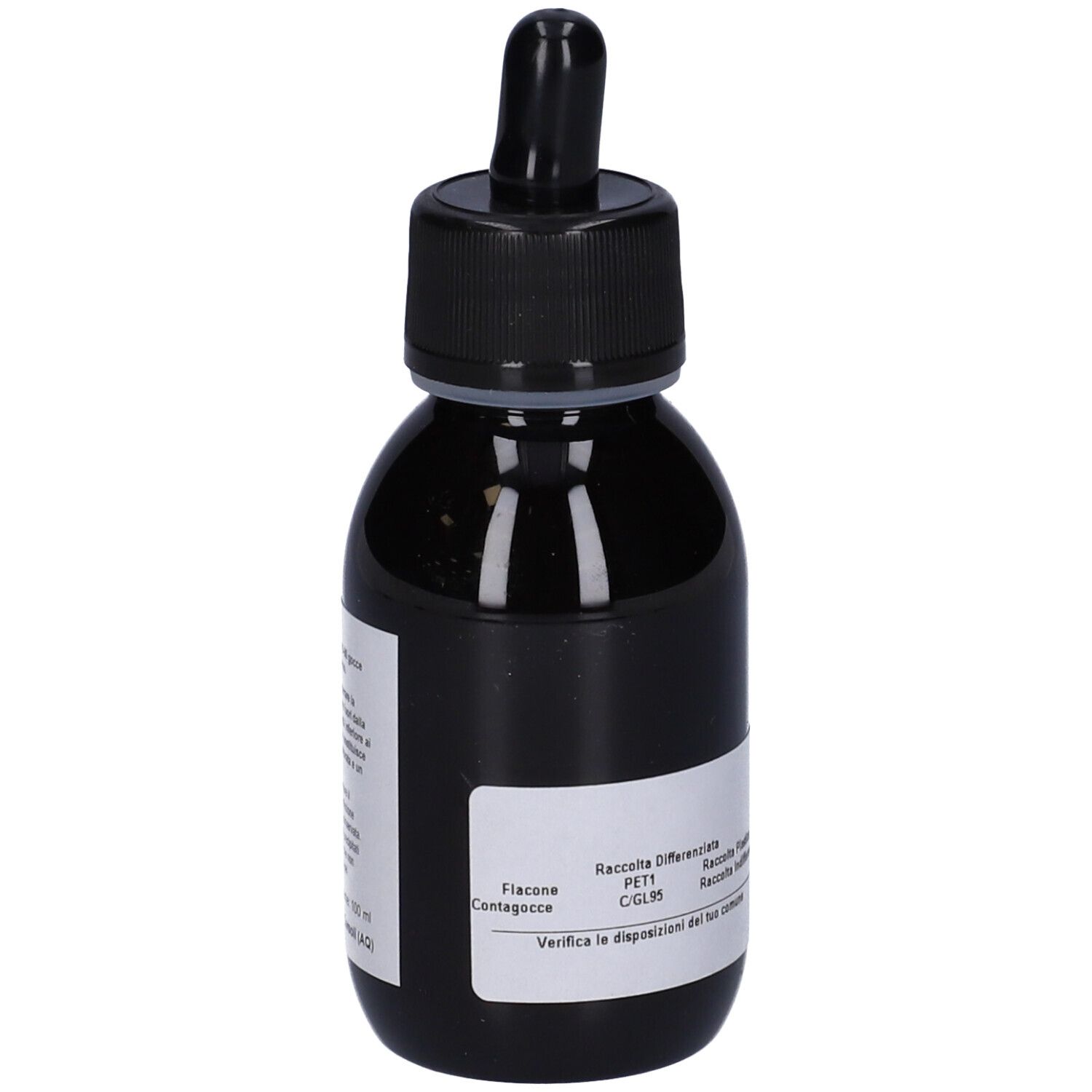 Flacone marrone con tappo e contagocce neri. Etichetta con testo. Scritta: Flacone, Contagocce.