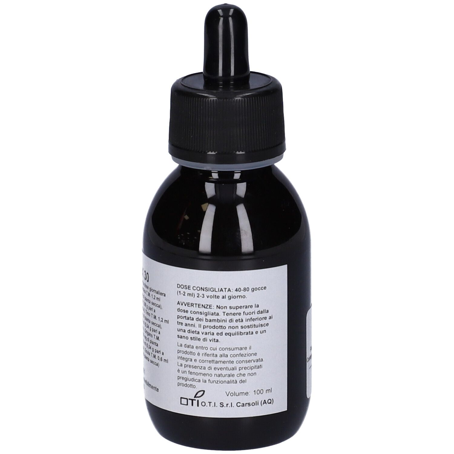 Flacone marrone con tappo e contagocce neri. Etichetta con testo. Scritta: Dose consigliata, Volume 100 ml.