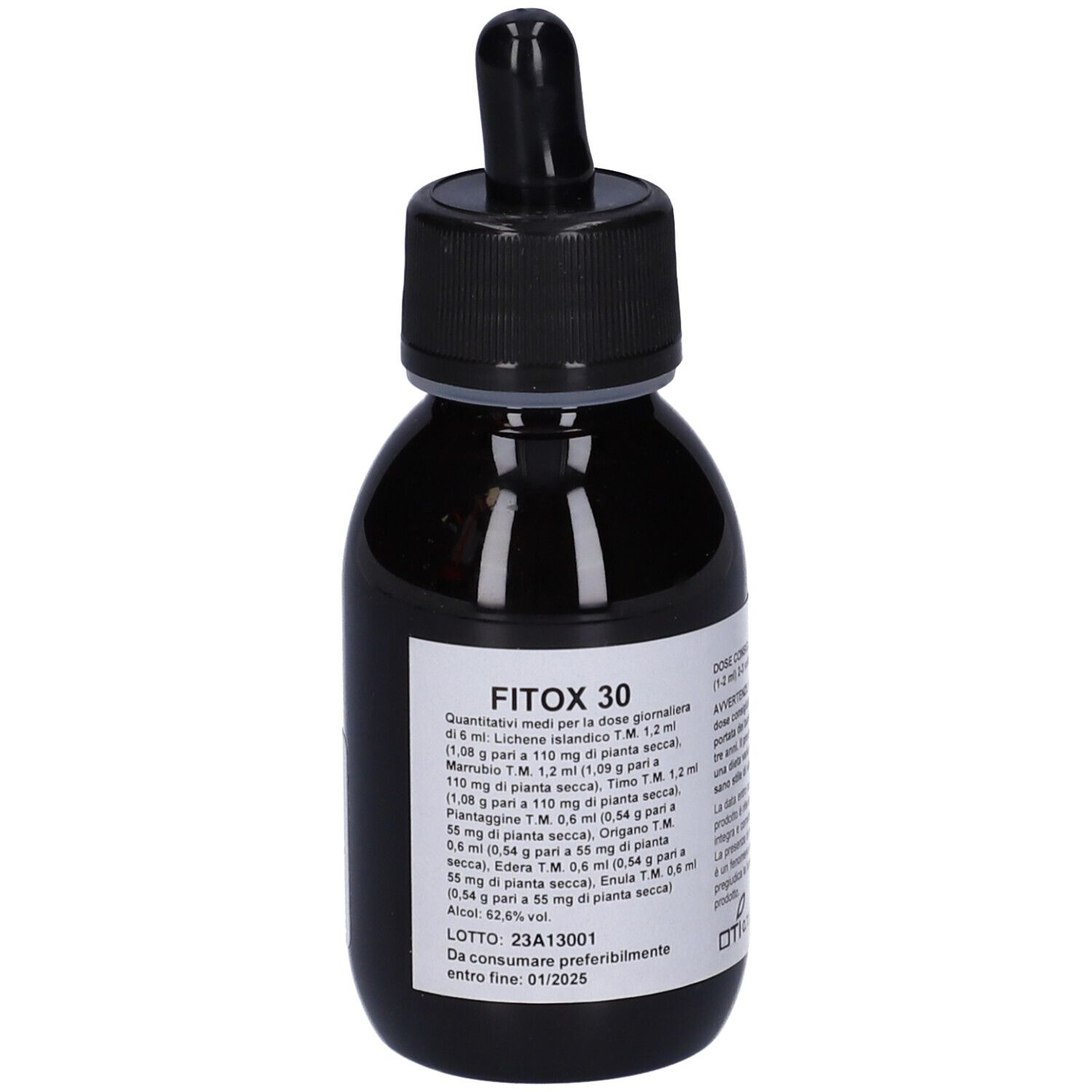 Flacone marrone con tappo e contagocce neri. Etichetta con testo. Scritta: FITOX 30, Lote 23A13001, 01/2025.