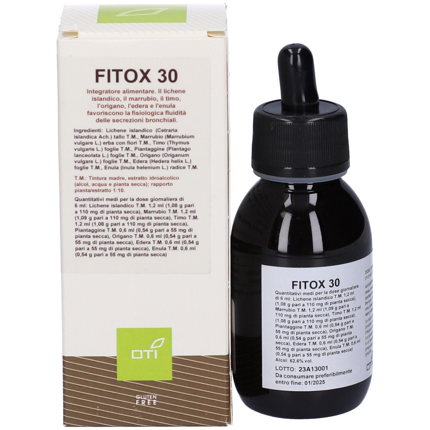Confezione del prodotto con flacone ed etichetta. Scritta: FITOX 30, Gluten Free. Testo sulla confezione.