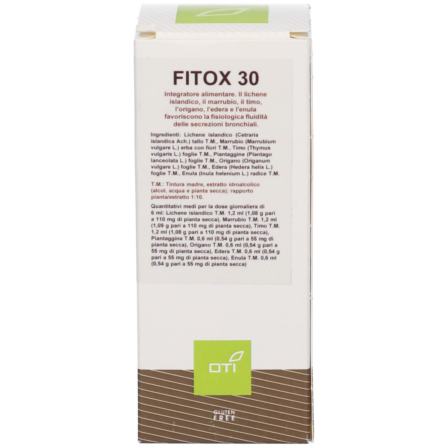 Confezione del prodotto con testo. Scritta: FITOX 30, Gluten Free. Testo sulla confezione.