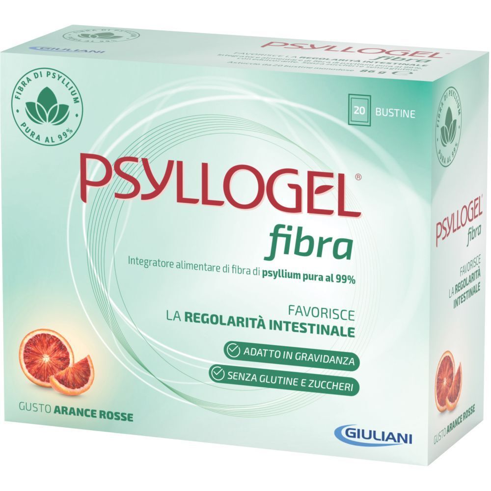 Confezione di PSYLLOGEL fibra. Scatola verde e bianca con nome del prodotto e immagine di arance. Contiene 20 bustine.