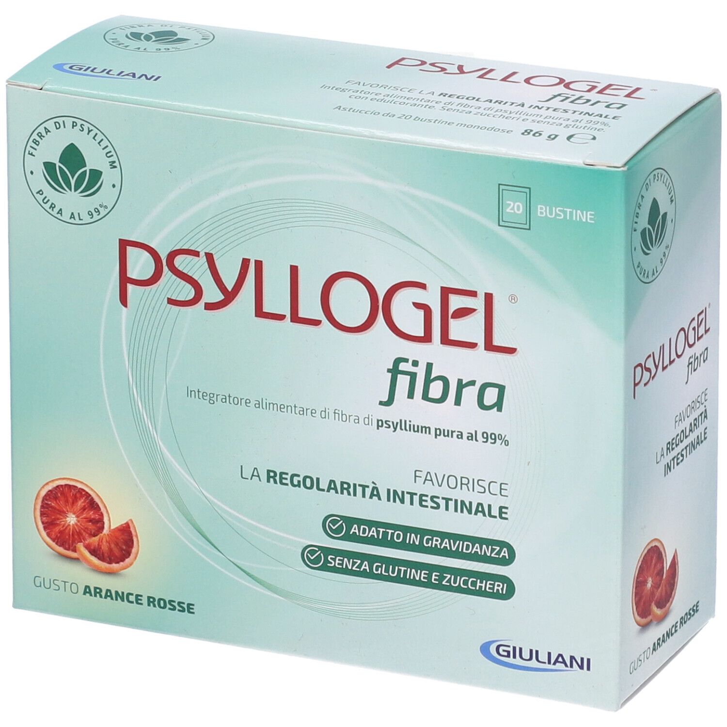 Confezione PSYLLOGEL fibra. Scatola verde e bianca con nome del prodotto e immagine di arance. Contiene 20 bustine, 86g.