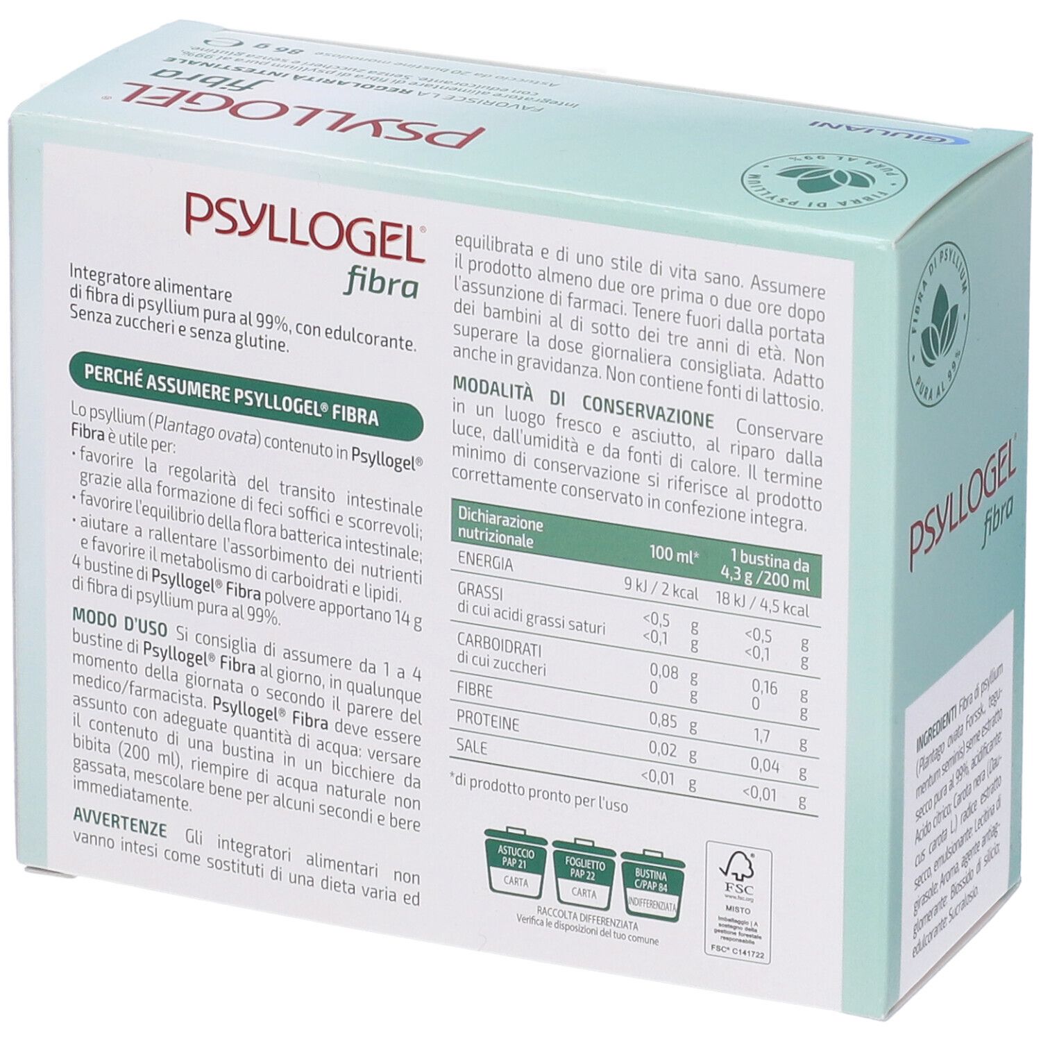 Confezione PSYLLOGEL fibra. Scatola verde e bianca con nome del prodotto e immagine di arance. Contiene 20 bustine, 86g. Retro con informazioni.