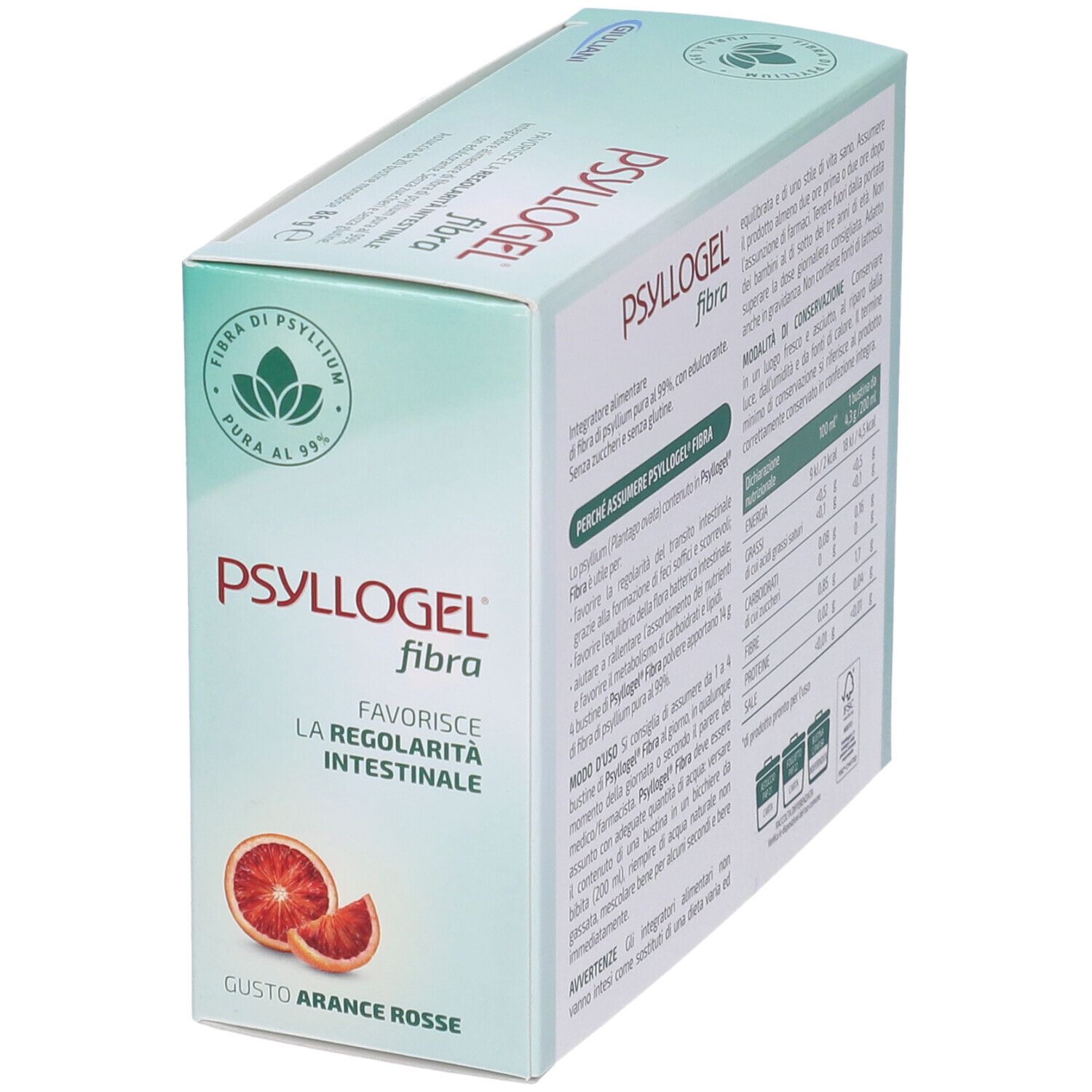Confezione PSYLLOGEL fibra. Scatola verde e bianca con nome del prodotto e immagine di arance. Contiene 20 bustine, 86g. Retro con informazioni.