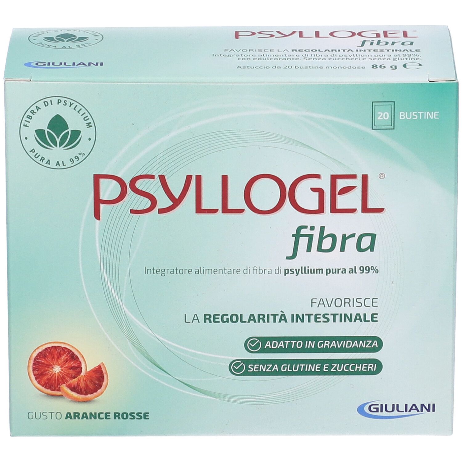 Confezione PSYLLOGEL fibra. Scatola verde e bianca con nome del prodotto e immagine di arance. Contiene 20 bustine, 86g.