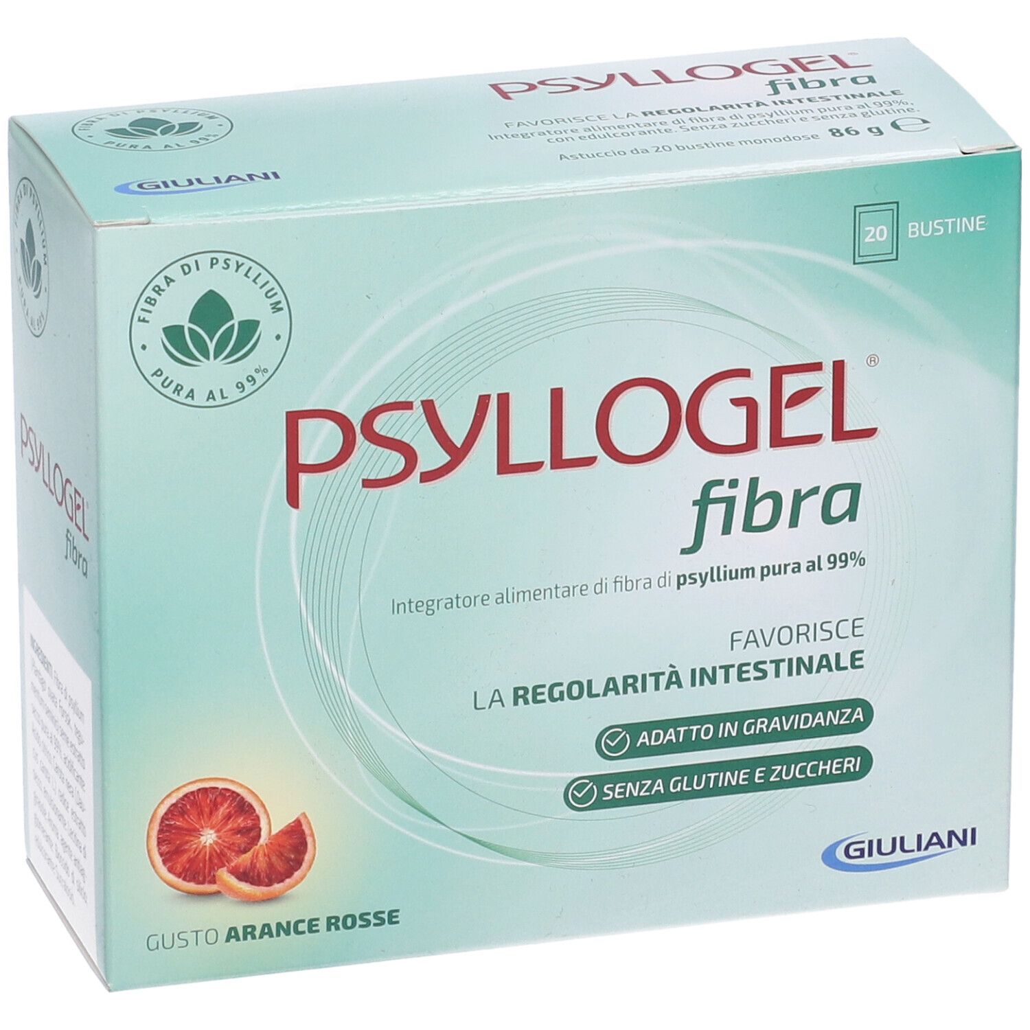 Confezione PSYLLOGEL fibra. Scatola verde e bianca con nome del prodotto e immagine di arance. Contiene 20 bustine, 86g.