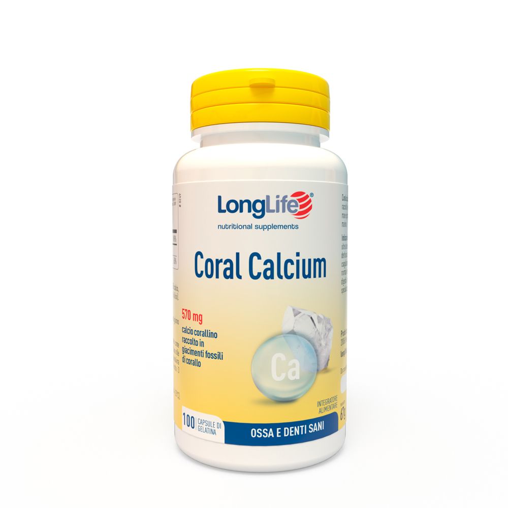 Flacone bianco, tappo giallo. Scritta: LongLife Coral Calcium. 100 capsule. Immagine di calcio.