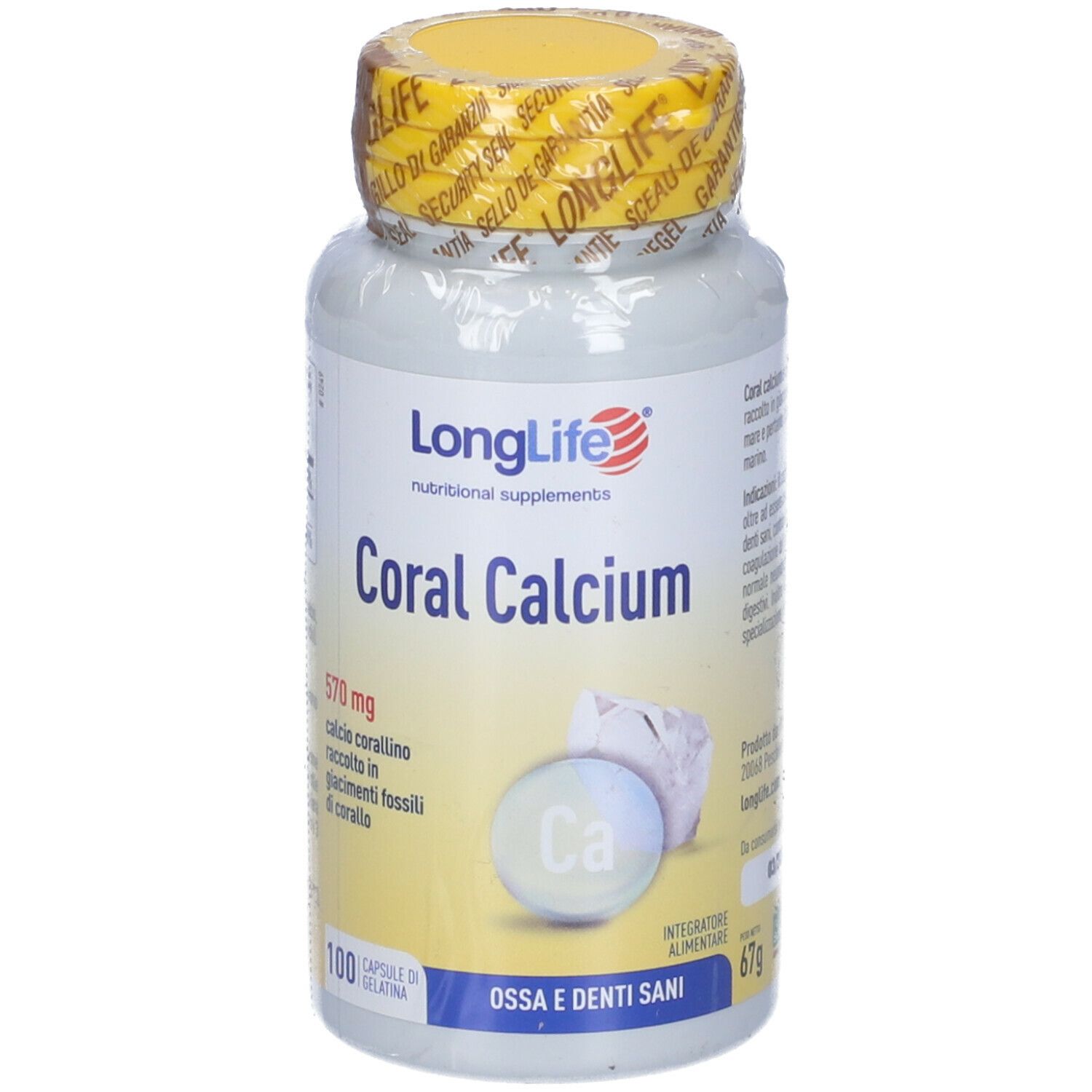 Flacone bianco, tappo giallo con sigillo. Scritta: LongLife Coral Calcium. 100 capsule.