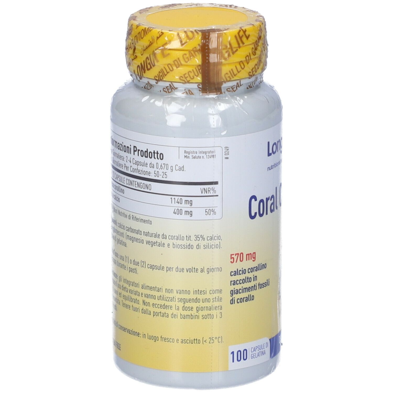 Retro del flacone bianco. Scritte: informazioni nutrizionali, ingredienti, istruzioni per l'uso. Senza glutine.