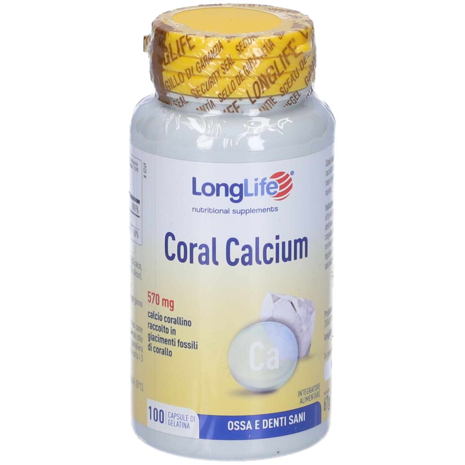 Flacone bianco, tappo giallo con sigillo. Scritta: LongLife Coral Calcium. 100 capsule.