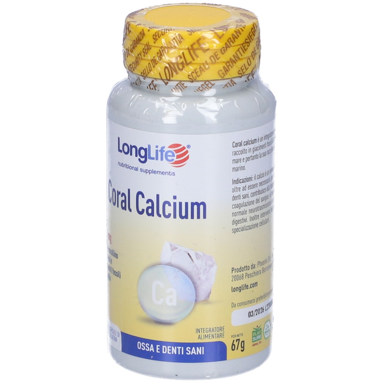 Flacone bianco, tappo giallo con sigillo. Scritta: LongLife Coral Calcium. 67g.