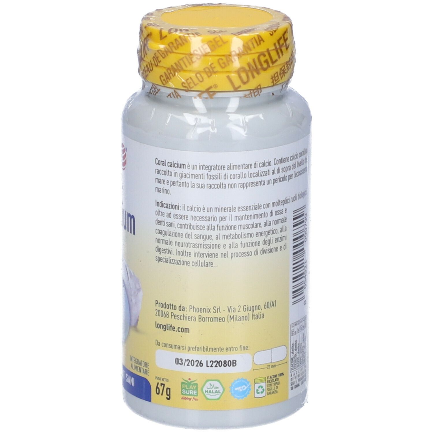Retro del flacone bianco. Scritte: ingredienti, produttore, data di scadenza. 67g.