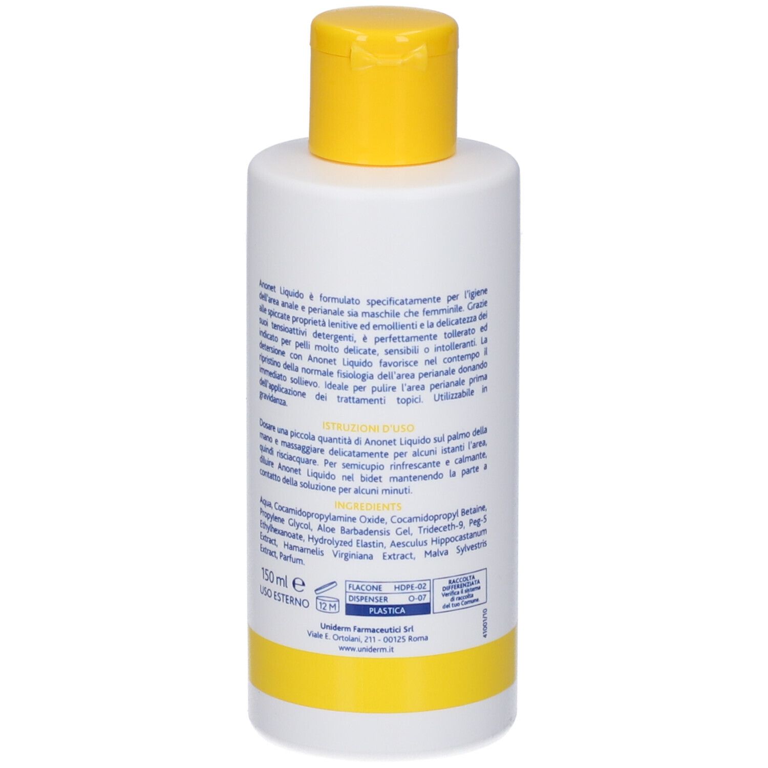 Flasche mit gelbem Verschluss, beschriftet mit 'Anonet Liquido'.