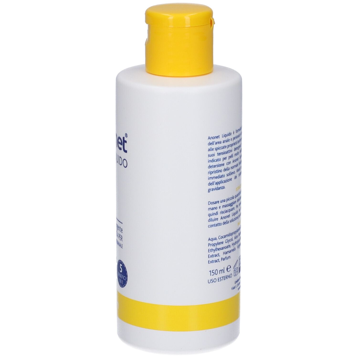 Flasche mit gelbem Verschluss, beschriftet mit 'Anonet Liquido'.