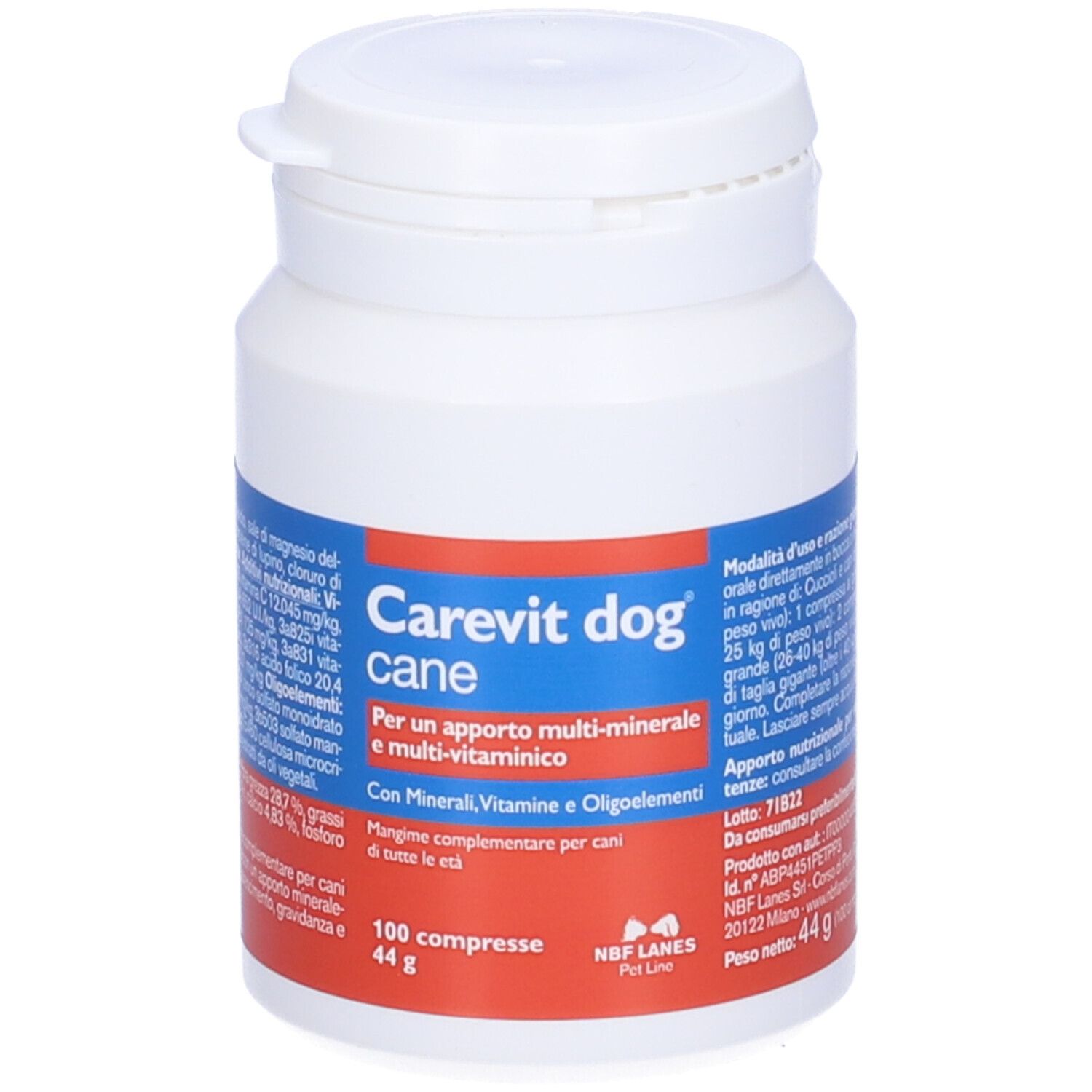 Flacone bianco Carevit dog. Contiene 100 compresse. Etichetta rossa e blu. Tappo con chiusura a scatto.
