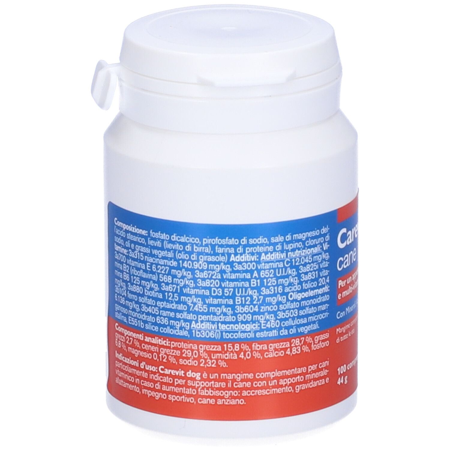 Flacone bianco Carevit dog. Contiene 100 compresse. Etichetta rossa e blu. Tappo con chiusura a scatto.