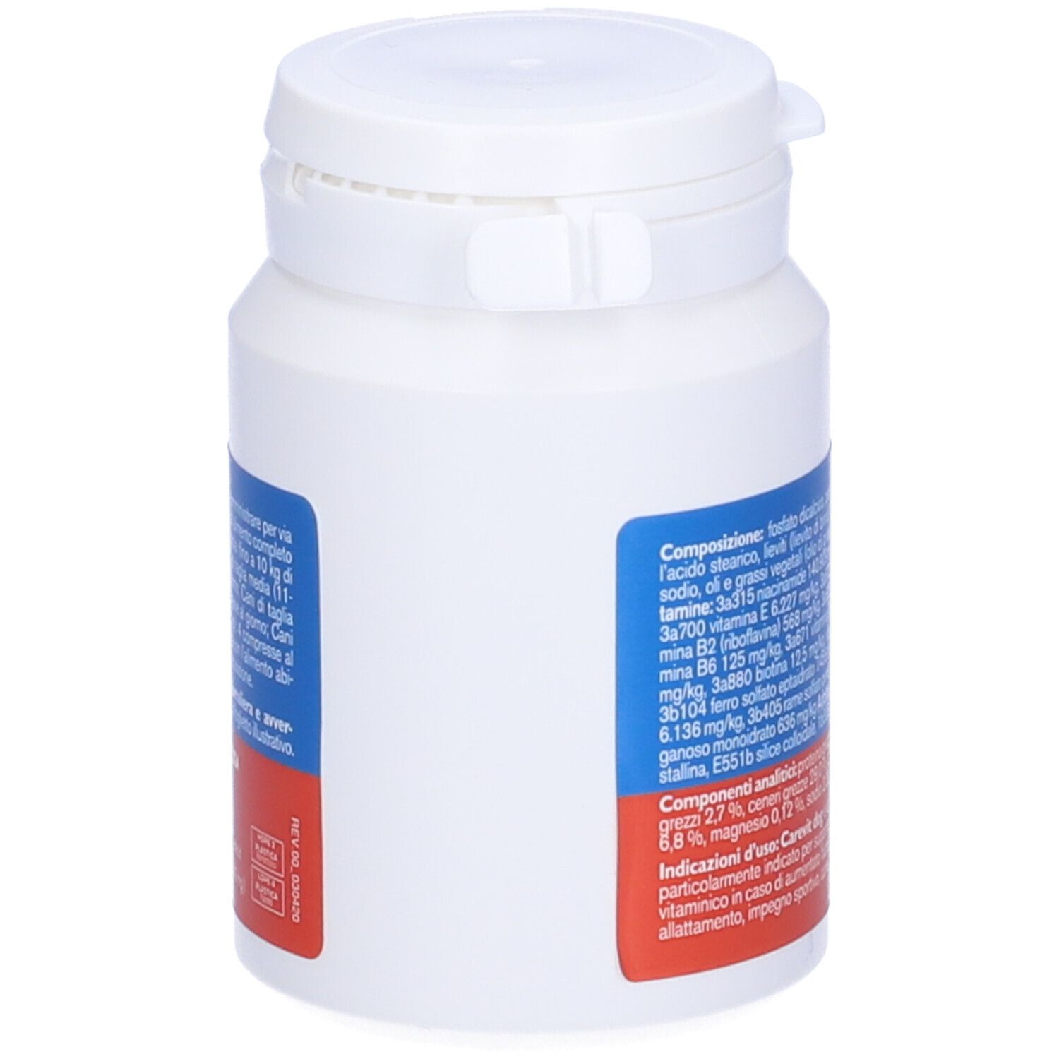 Flacone bianco Carevit dog. Contiene 100 compresse. Etichetta rossa e blu. Tappo con chiusura a scatto.