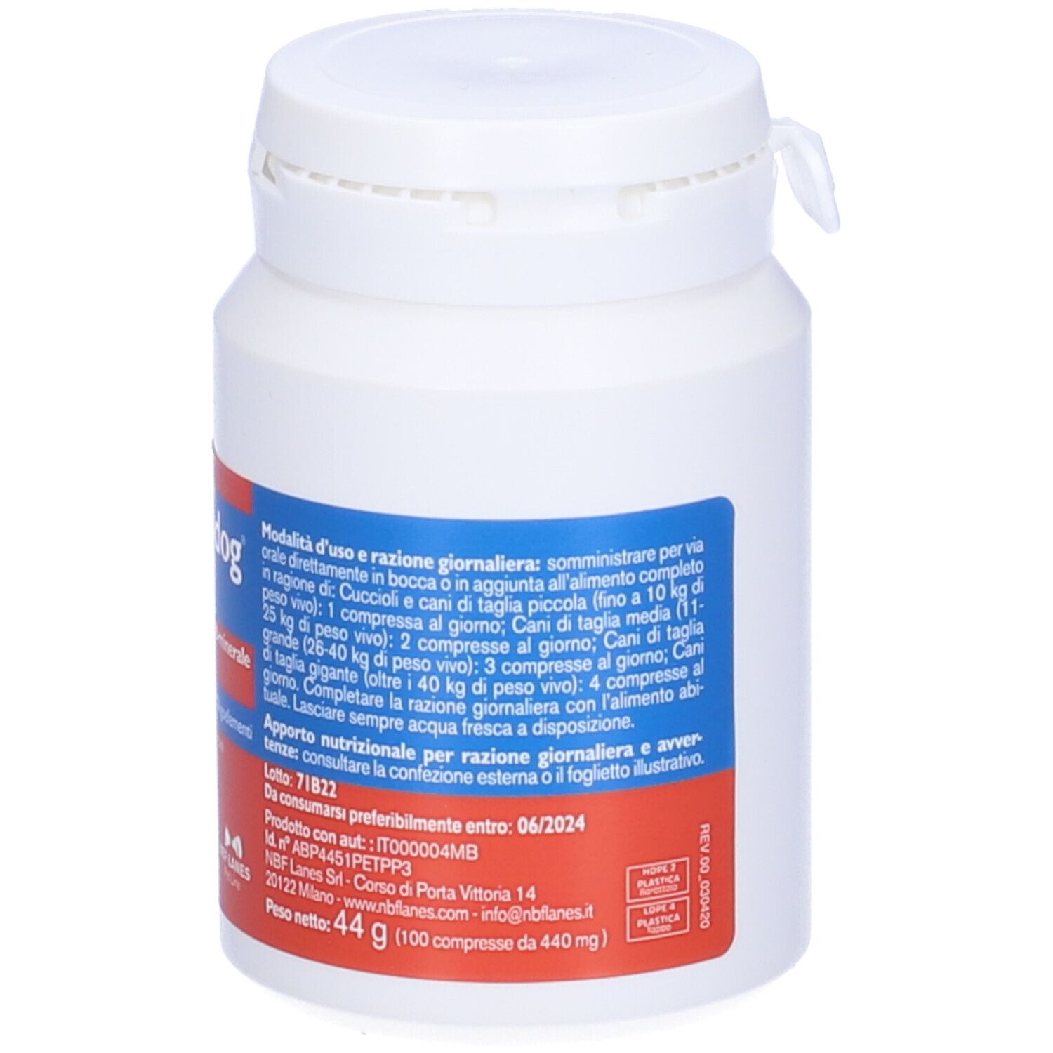 Flacone bianco Carevit dog. Contiene 100 compresse. Etichetta rossa e blu. Tappo con chiusura a scatto.