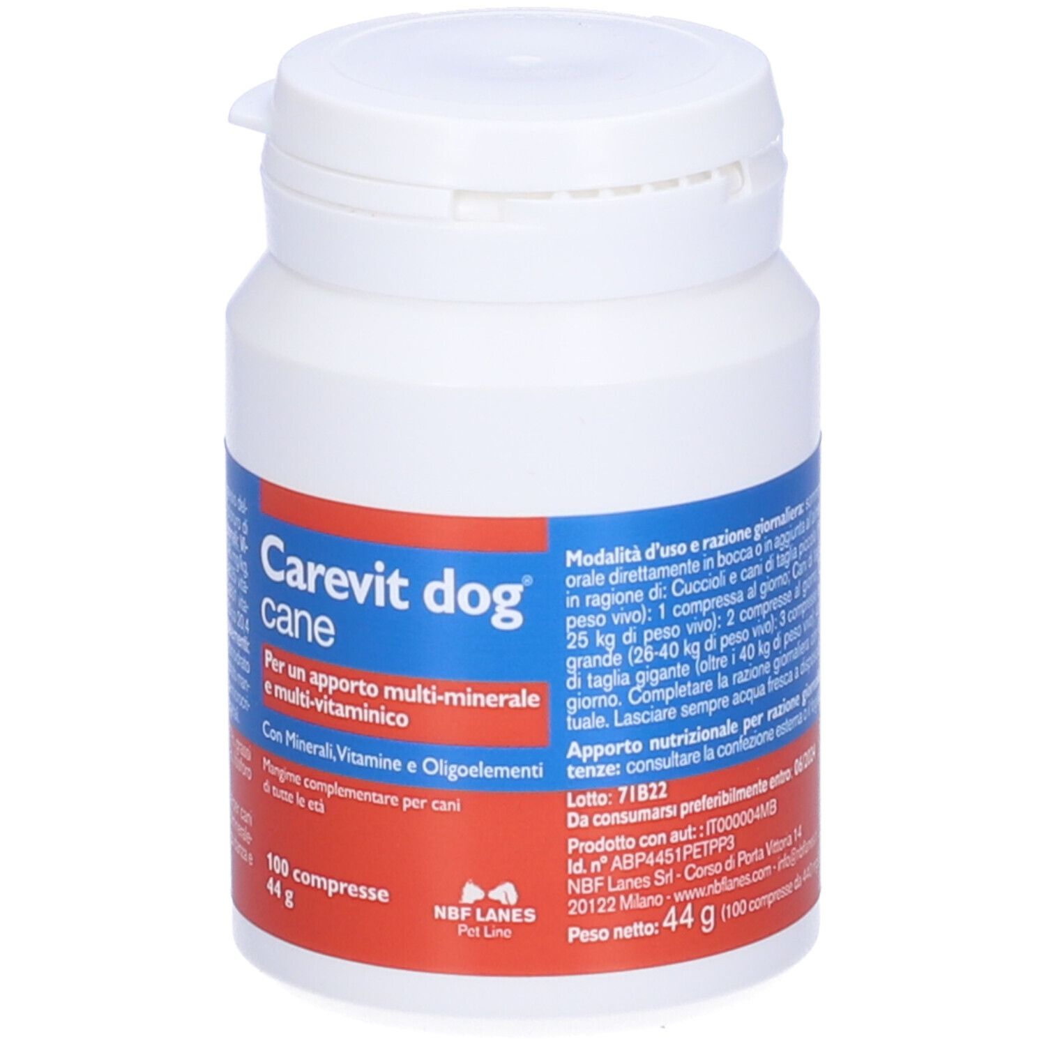 Flacone bianco Carevit dog. Contiene 100 compresse. Etichetta rossa e blu. Tappo con chiusura a scatto.