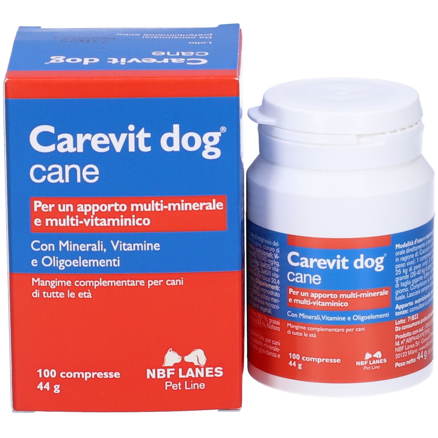 Prodotto Carevit dog con flacone e scatola. Scatola rossa e blu. Flacone bianco con etichetta rossa e blu.