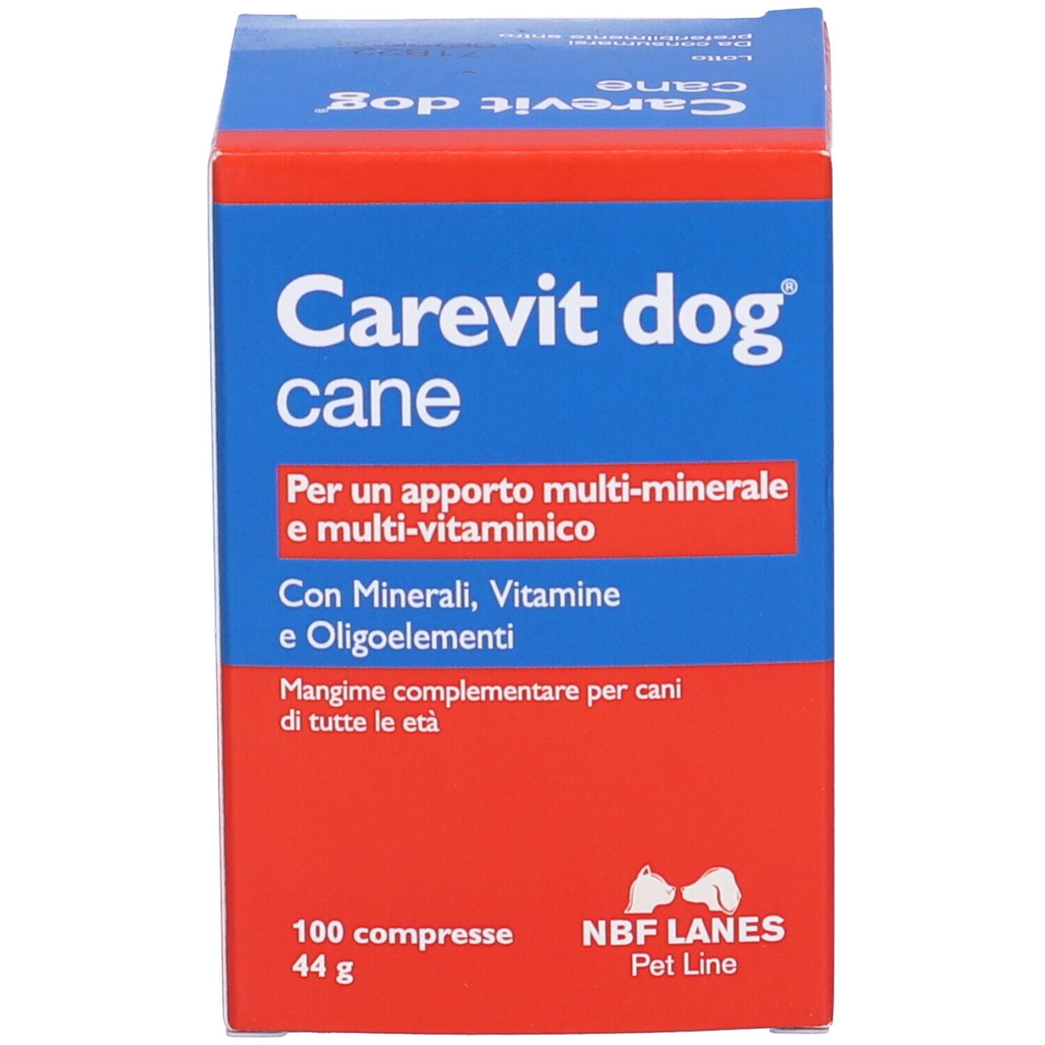 Scatola rossa e blu con logo Carevit dog. Contiene 100 compresse. Testo: Per un apporto multi-minerale e multi-vitaminico.