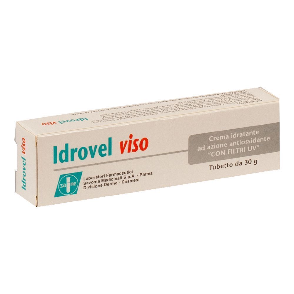 Scatola bianca 'Idrovel viso'. Crema idratante con filtri UV. Tubo da 30g.