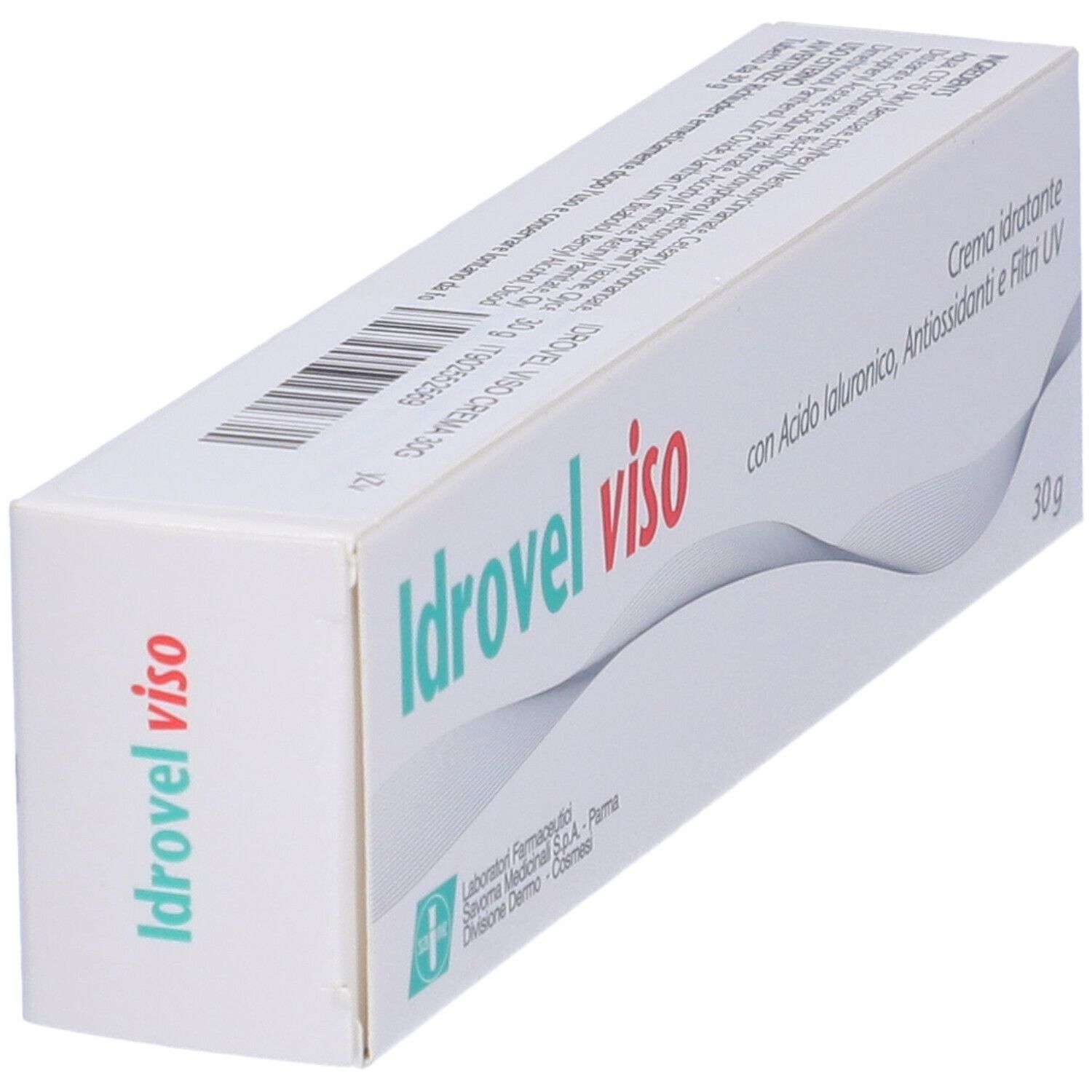 Scatola 'Idrovel viso' in diagonale. Crema con acido ialuronico, antiossidanti e filtri UV.