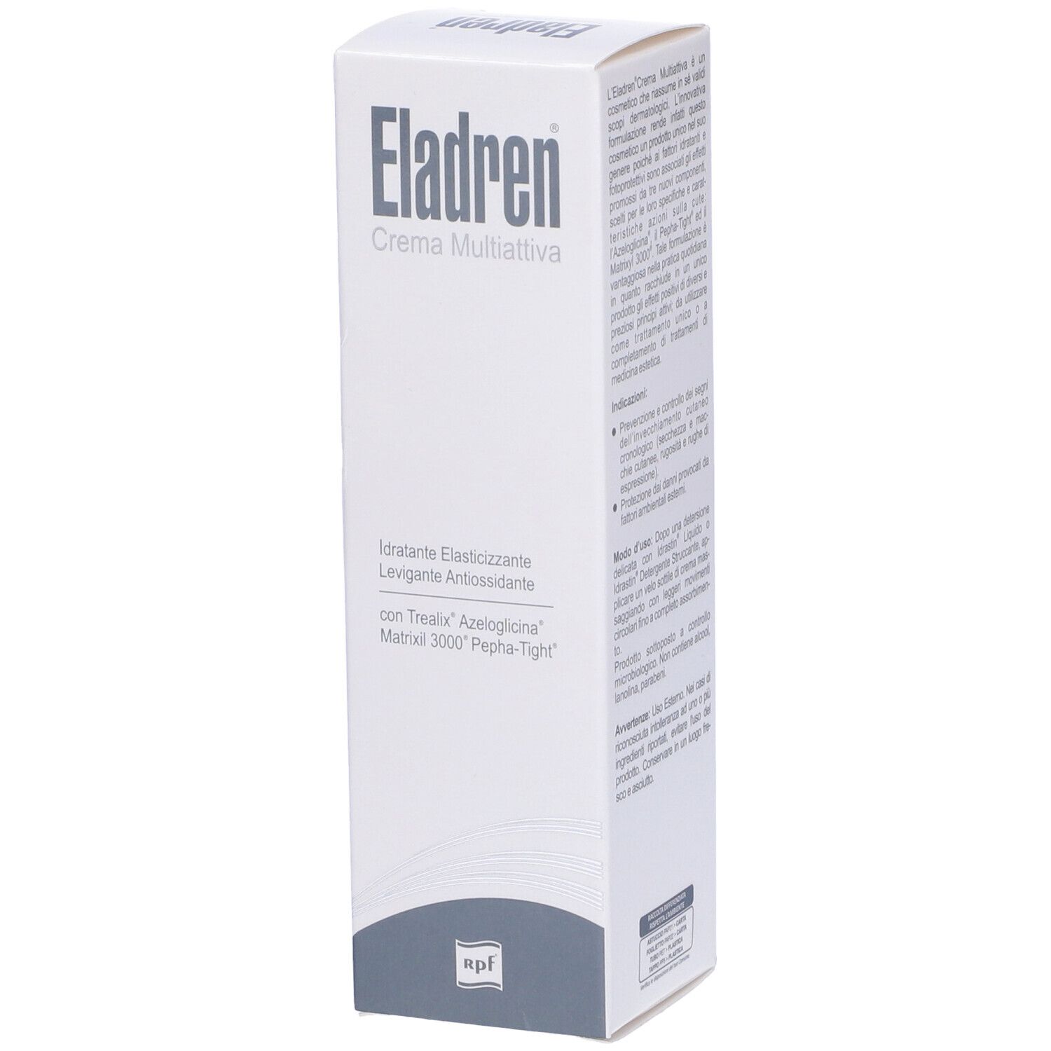 Scatola bianca con scritta "Eladren Crema Multiattiva". Testo: "Idratante elasticizzante, Levigante antiossidante".