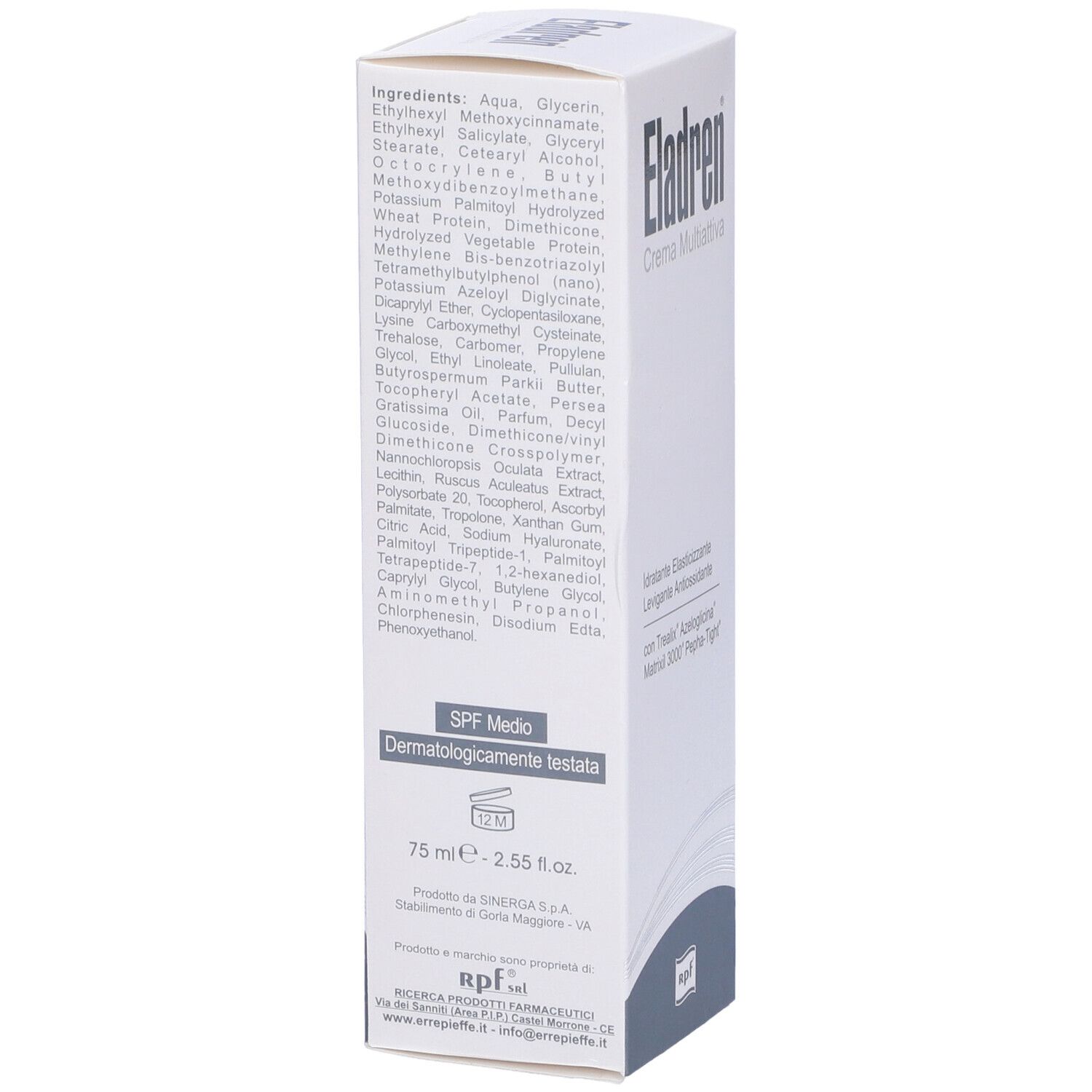 Scatola bianca con ingredienti e informazioni sul prodotto. Contiene testo e loghi.