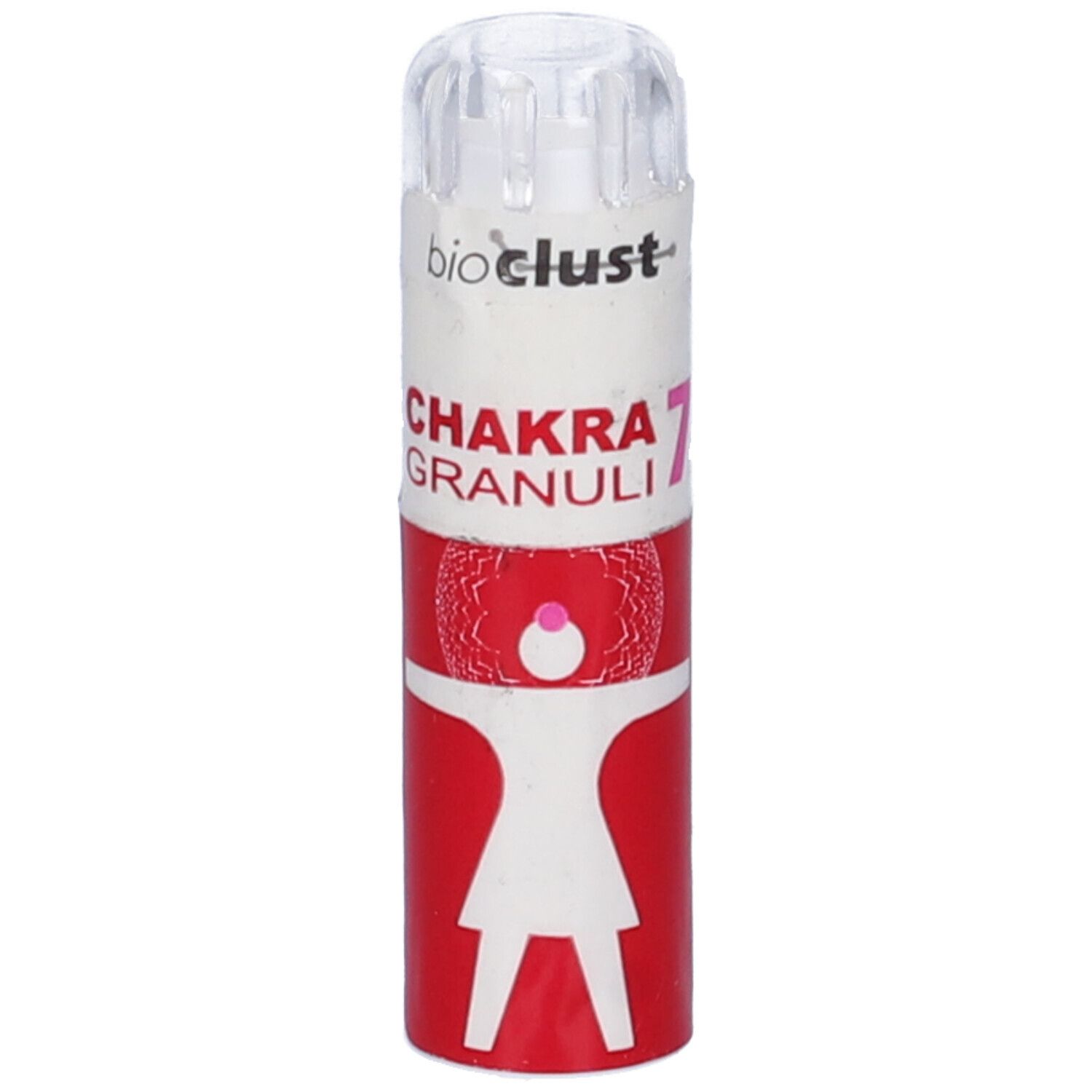 Confezione cilindrica rossa e bianca. Scritta: Chakra 7 Granuli. Parte superiore trasparente.