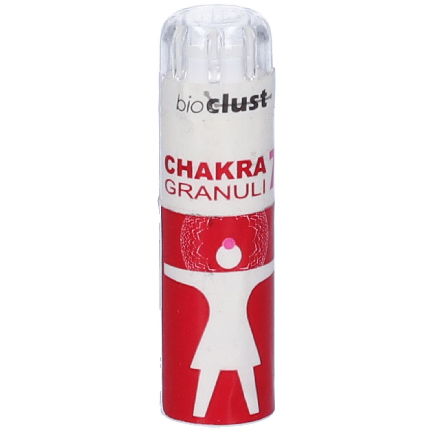 Confezione cilindrica rossa e bianca. Scritta: Chakra 7 Granuli. Parte superiore trasparente.