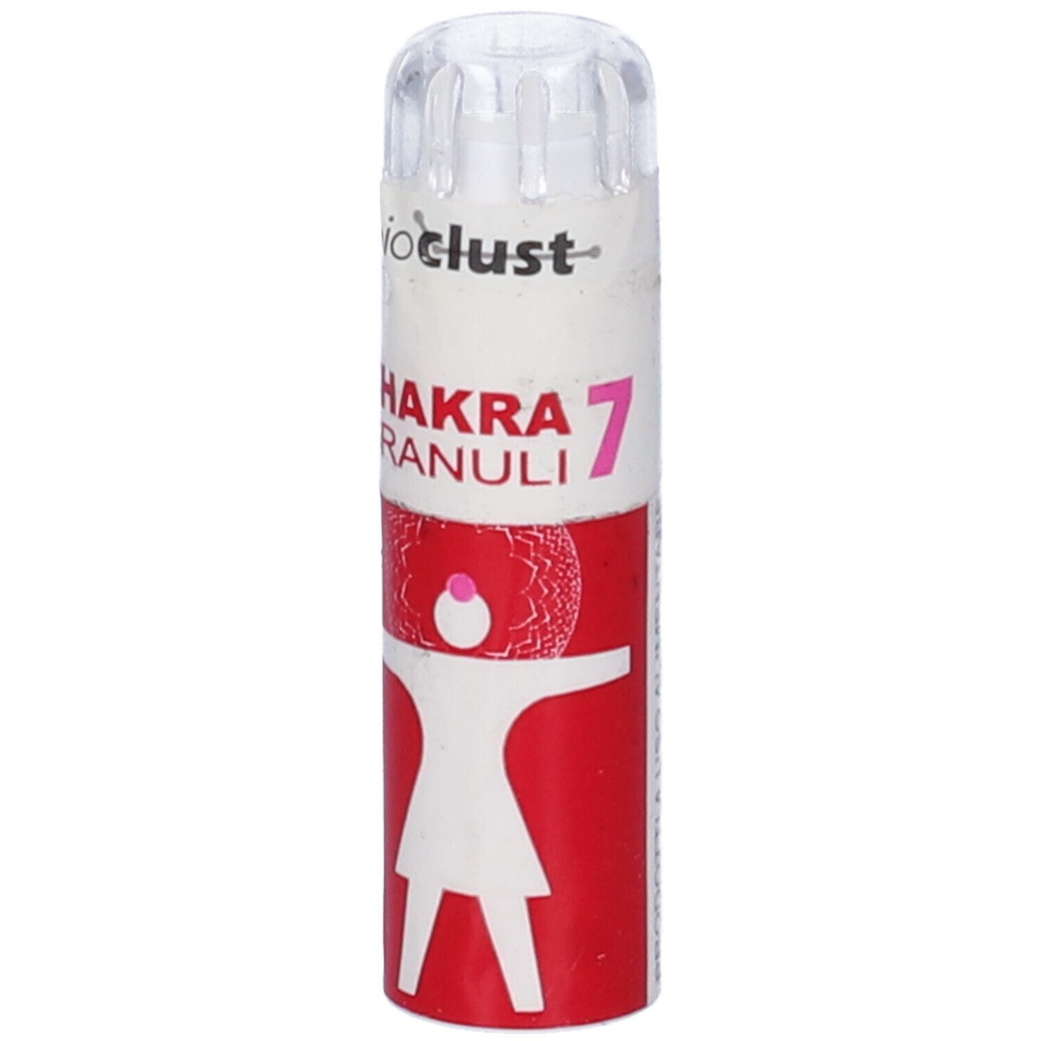 Confezione cilindrica rossa e bianca. Scritta: Chakra 7 Granuli. Parte superiore trasparente.