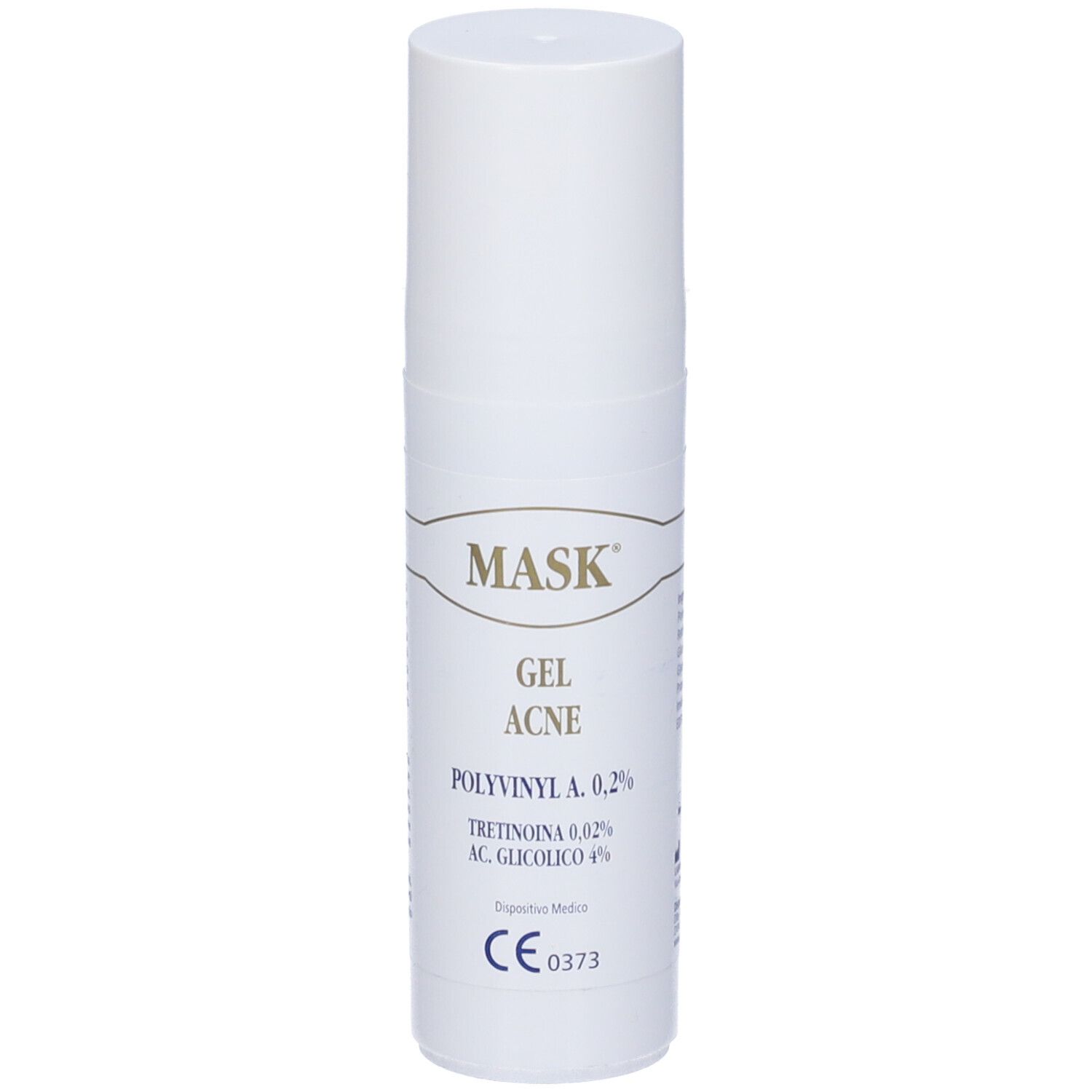 Tubo bianco con scritta: Mask Gel Acne. Contiene Polivinil A 0,2%, Tretinoina 0,02% e Acido glicolico 4%. Marchio CE.