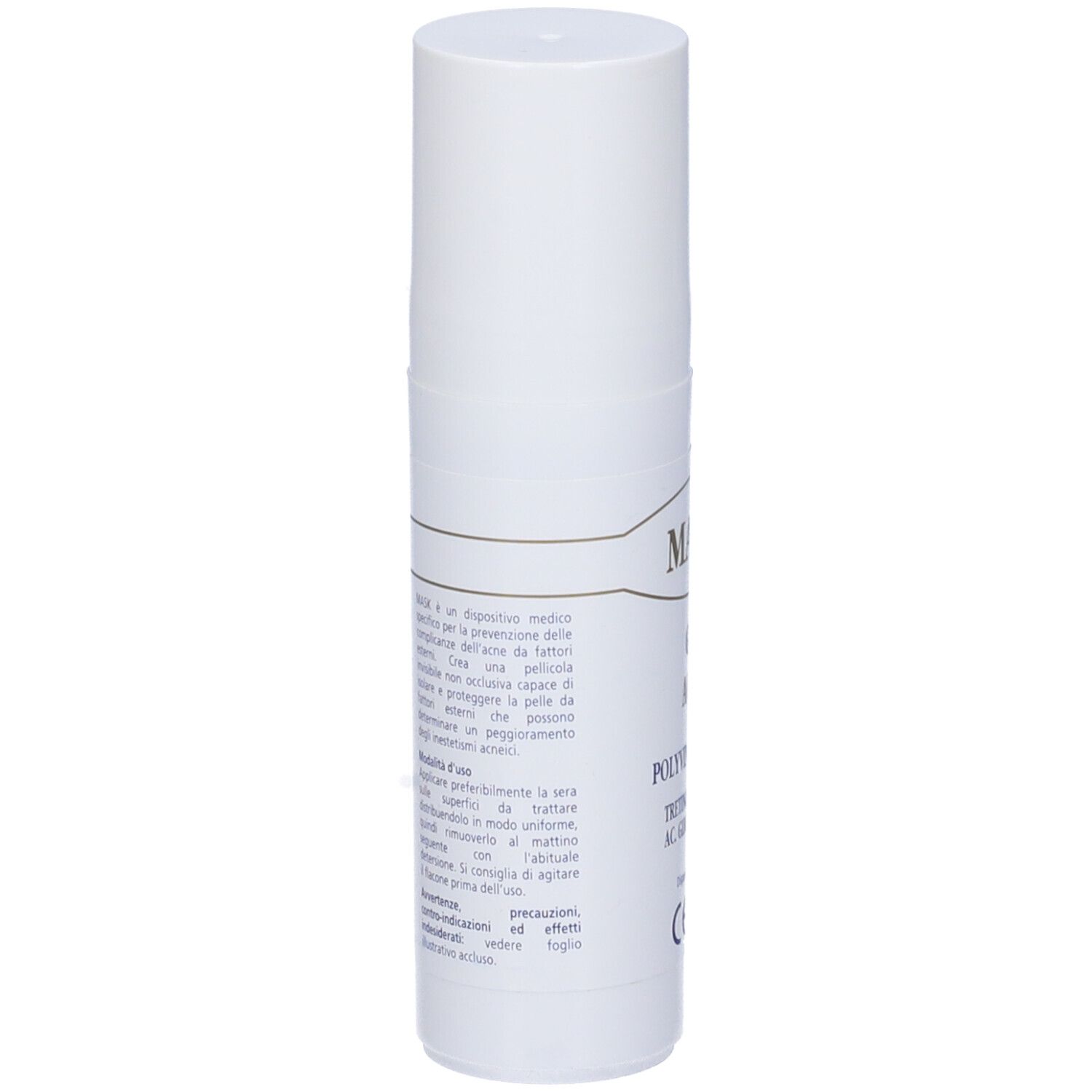 Tubo bianco con scritta: Mask Gel Acne. Contiene Polivinil A 0,2%, Tretinoina 0,02% e Acido glicolico 4%. Marchio CE.